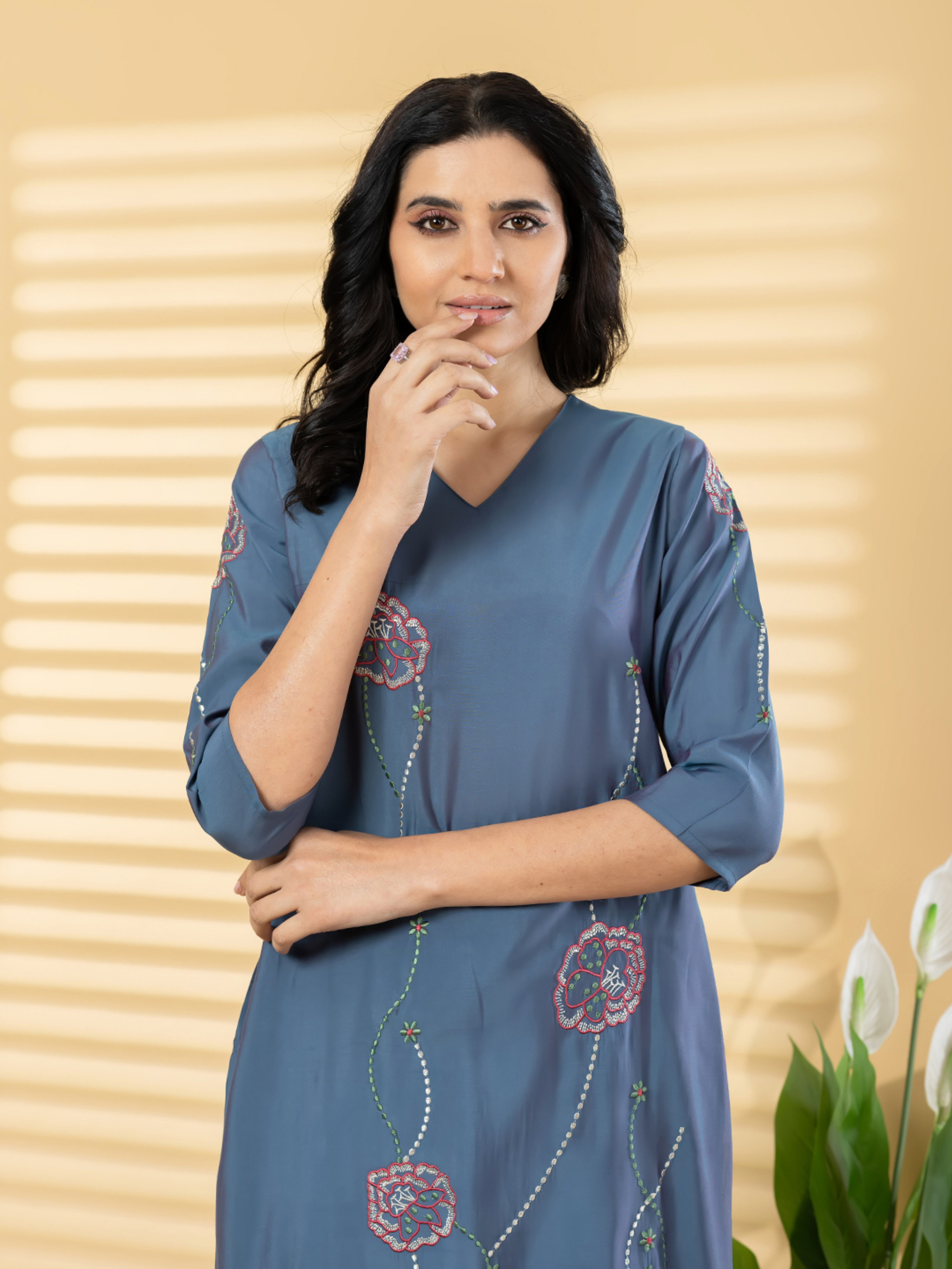 STEEL BLUE FLORAL EMBROIDERED KURTA SET