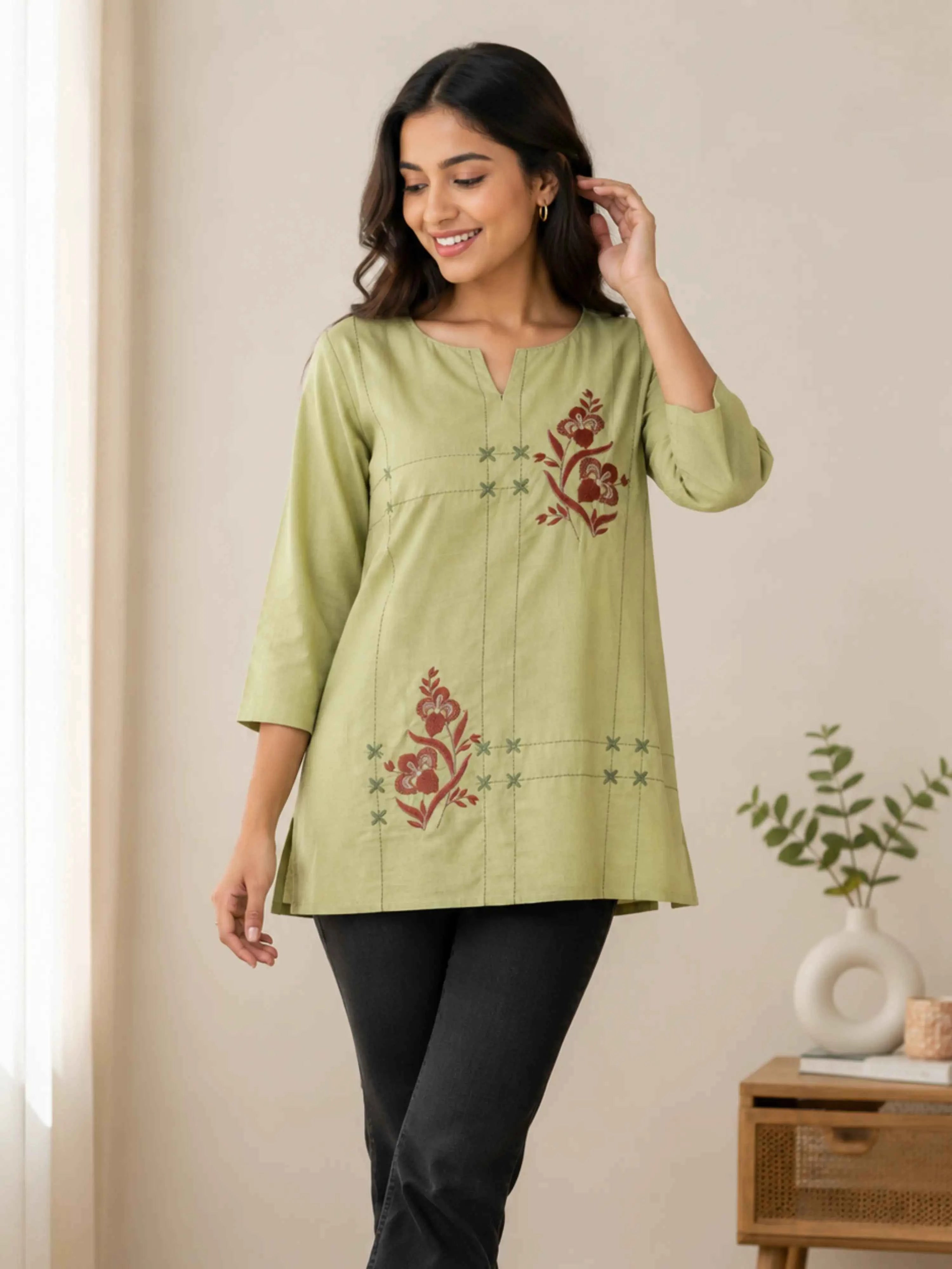 OLIVE PETAL ELEGANCE THREADWORK KURTI