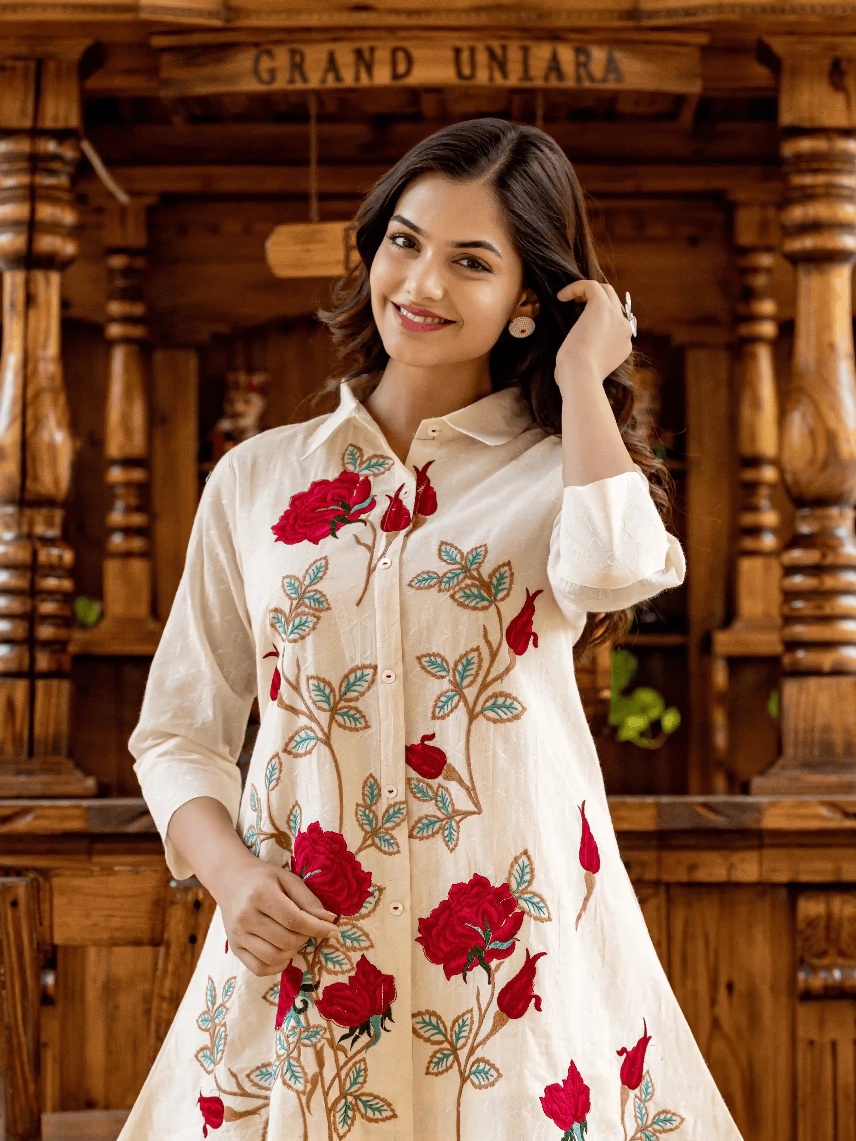 IVORY FLORAL EMBROIDERED HIGH-LOW CO-ORD SET