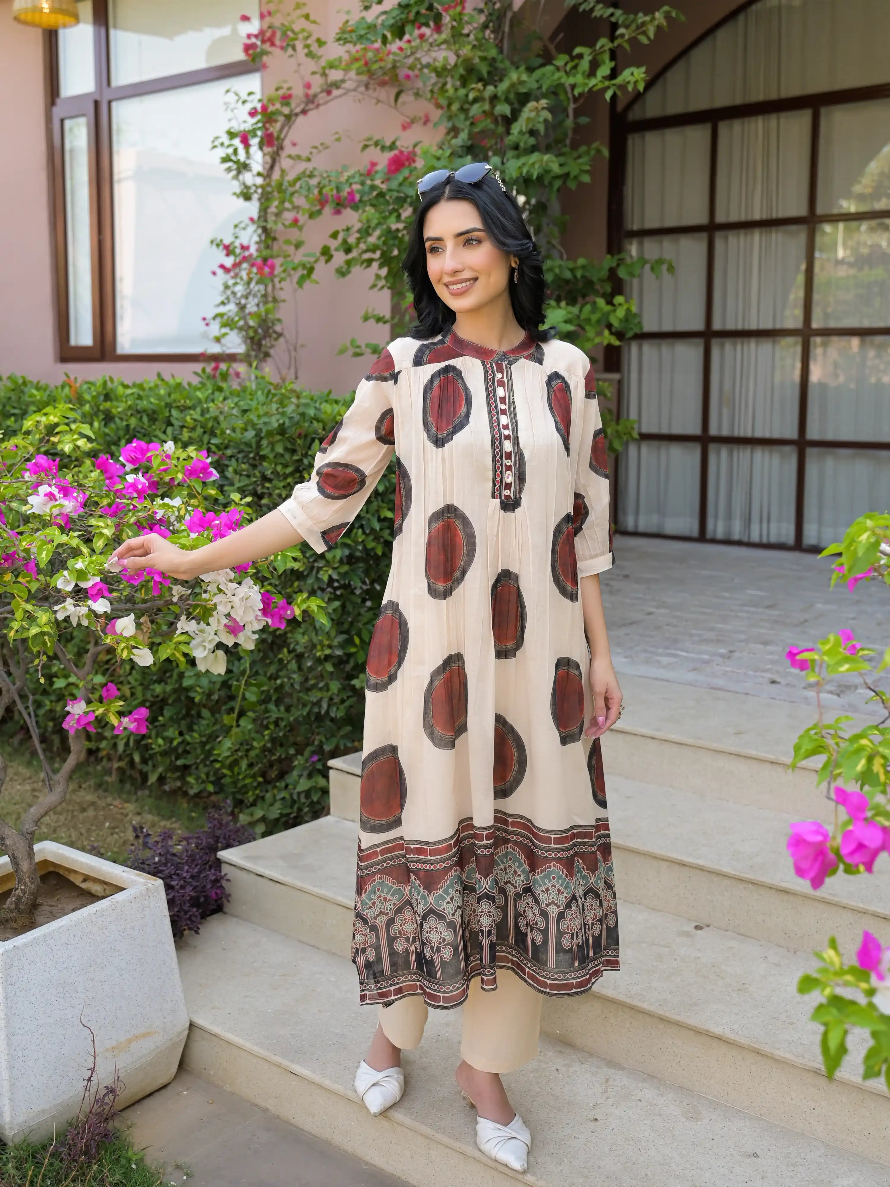 DESERT ART PRINTED FLARED PURE MUL COTTON  KURTA SET