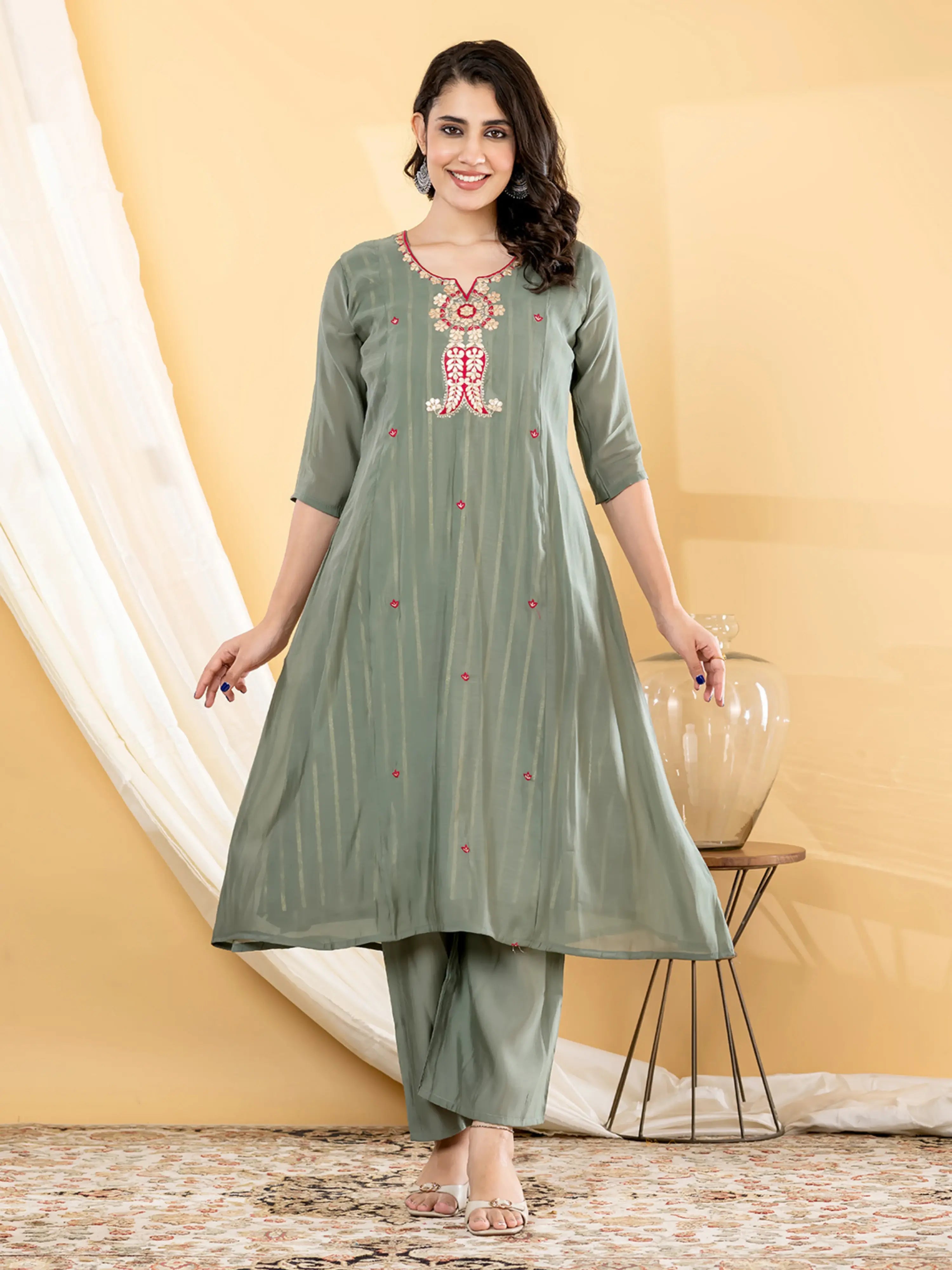 OLIVE BLOOM EMBROIDERED PURE BANARSI MUL CHANDERI SUIT SET