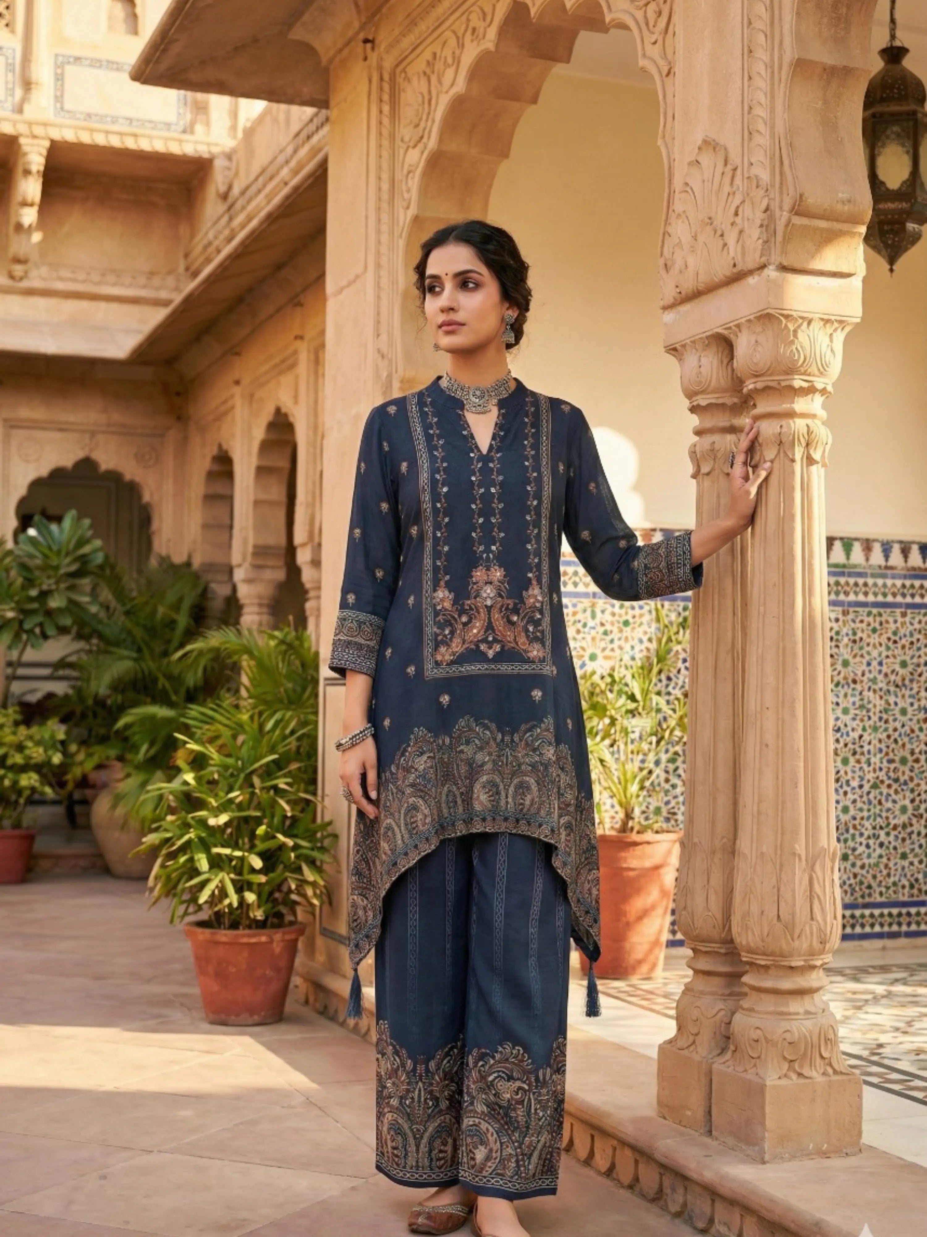 NAVY BLUE DIGITAL PRINT MIRROR WORK CO-ORD SET