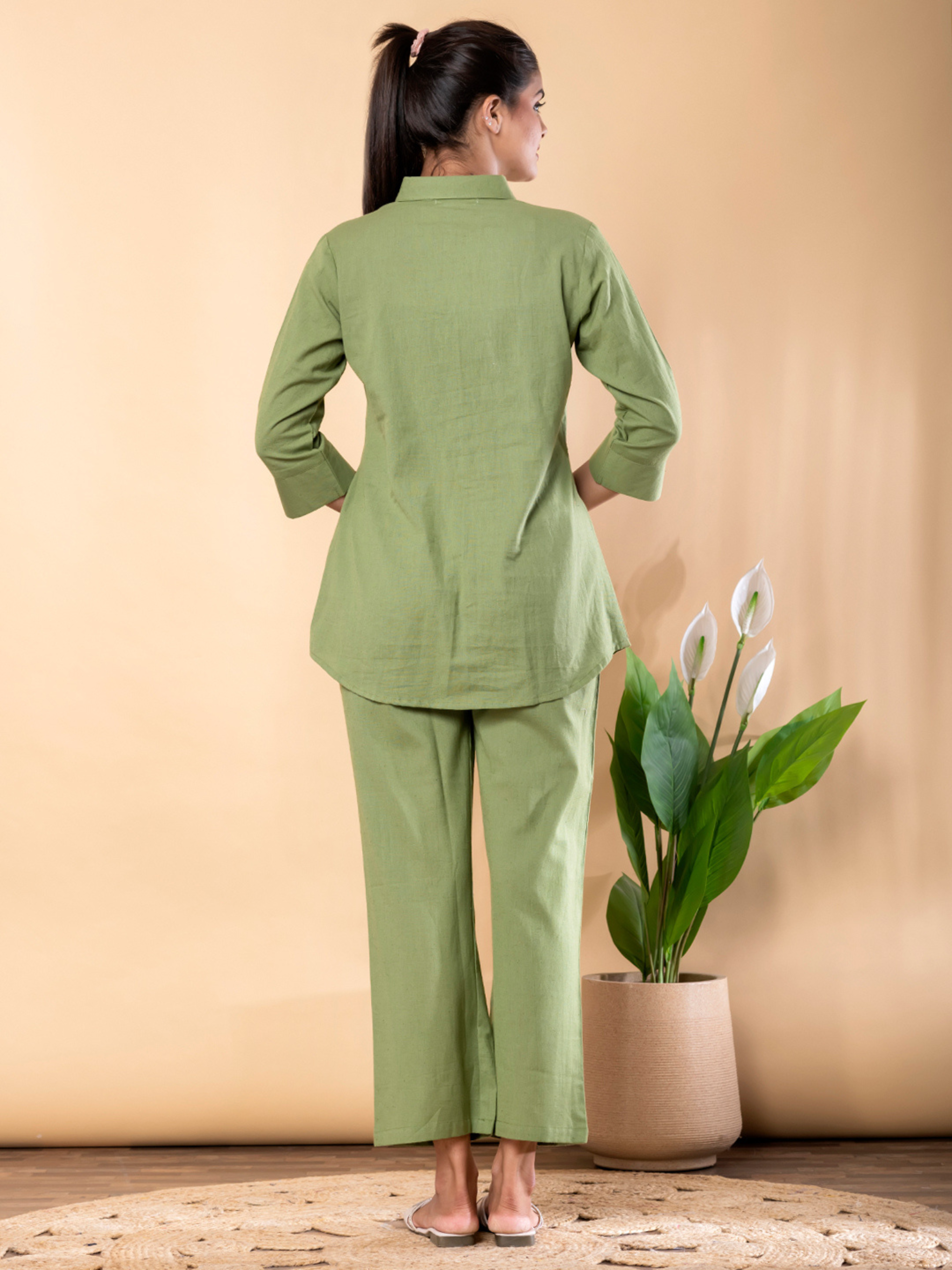 OLIVE GREEN FLORAL EMBROIDERED CO-ORD  SET