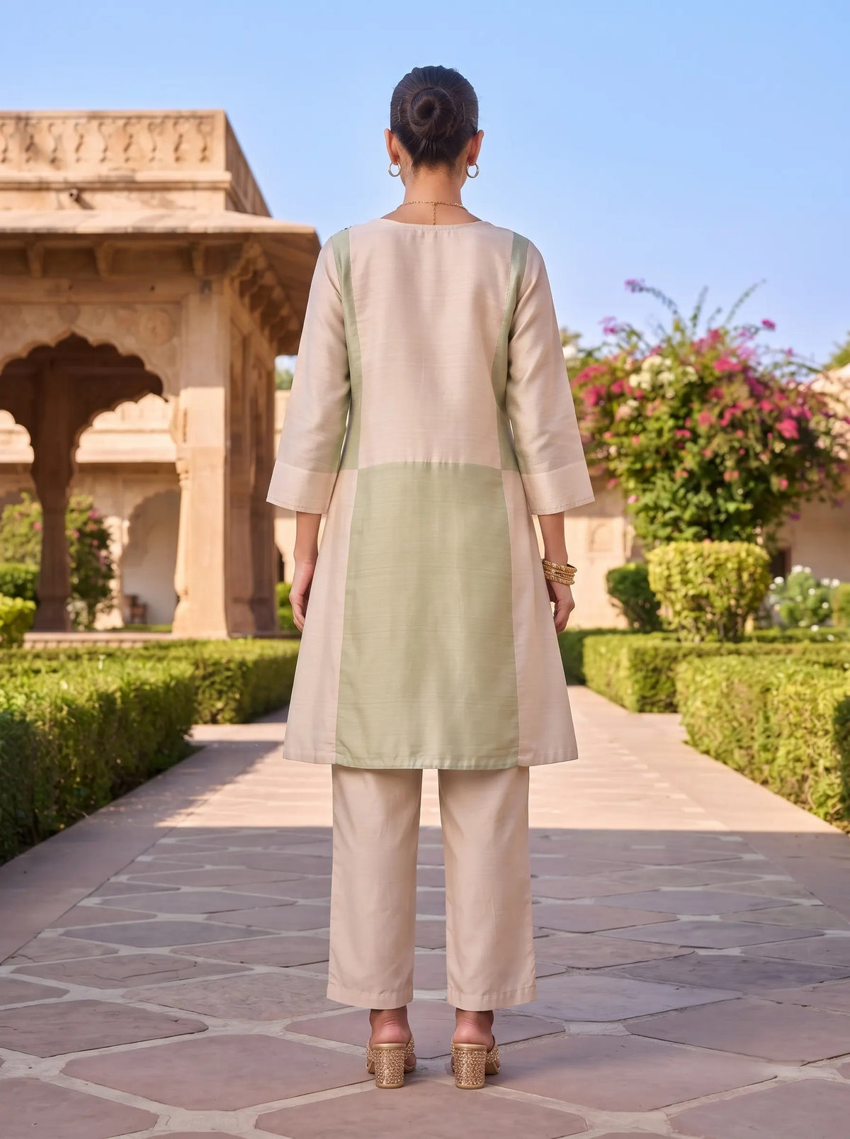 PASTEL GREEN AND BEIGE  HAND EMBROIDERED SALSA CO-ORD SET