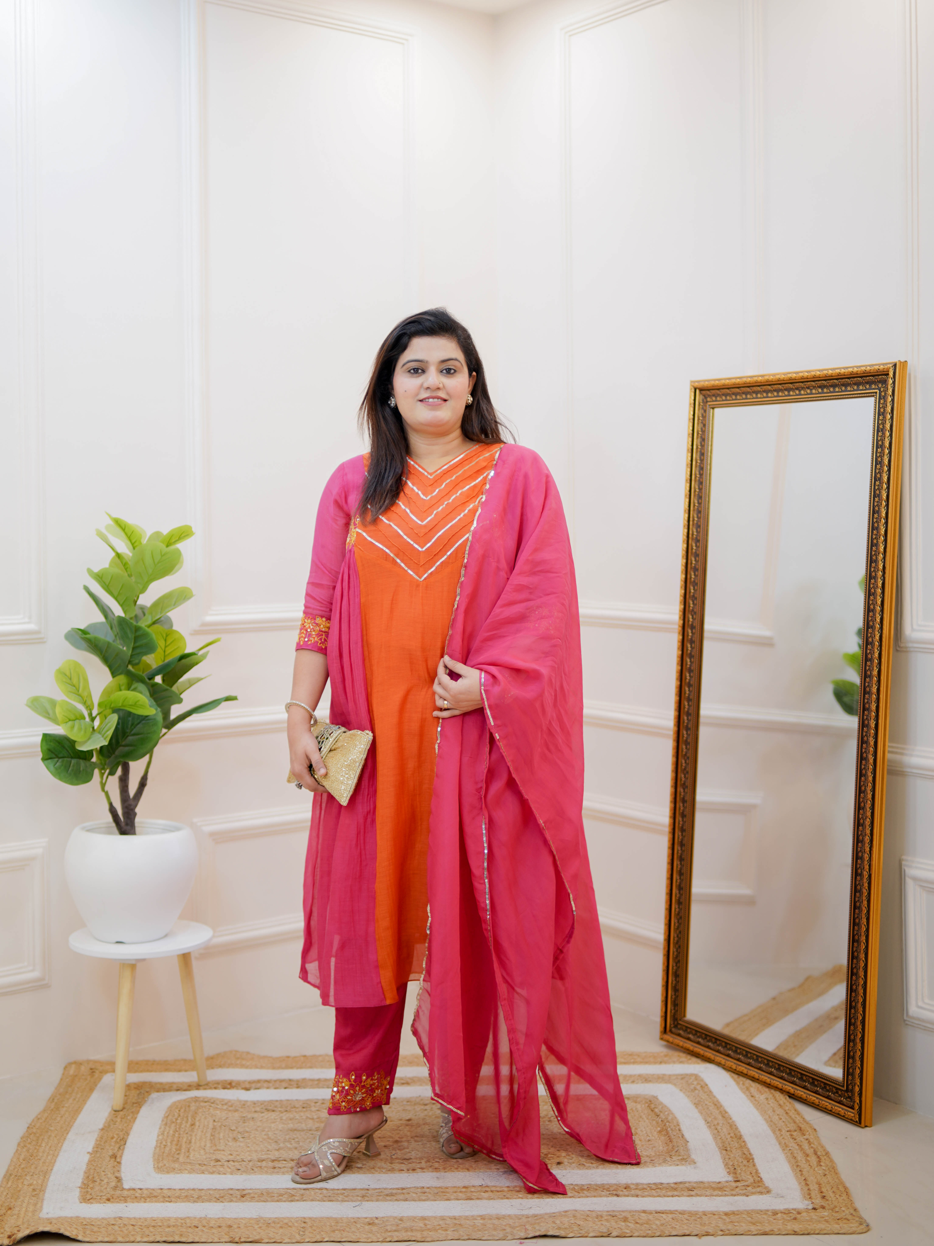 FUCHSIA PINK CHEVRON EMBROIDERED SUIT SET