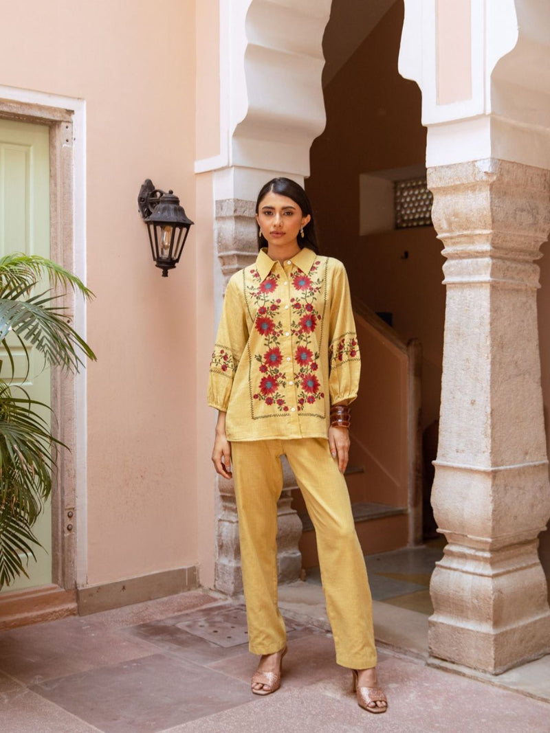 VEENA  YELLOW FLORENZA EMBROIDERED CO-ORD SET