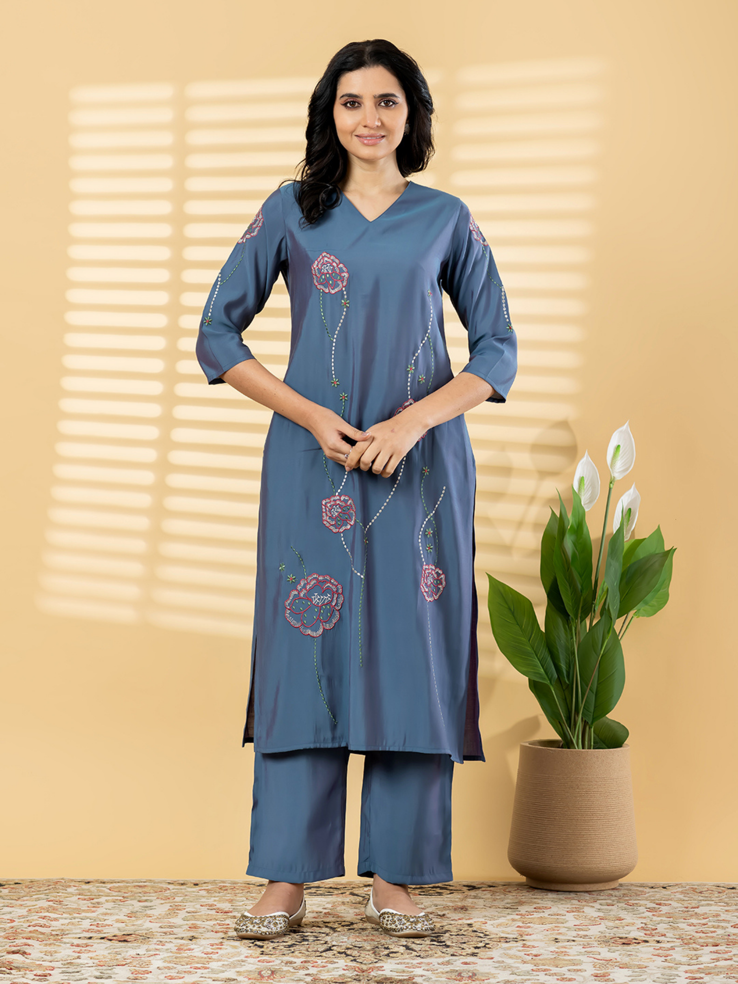 STEEL BLUE FLORAL EMBROIDERED KURTA SET