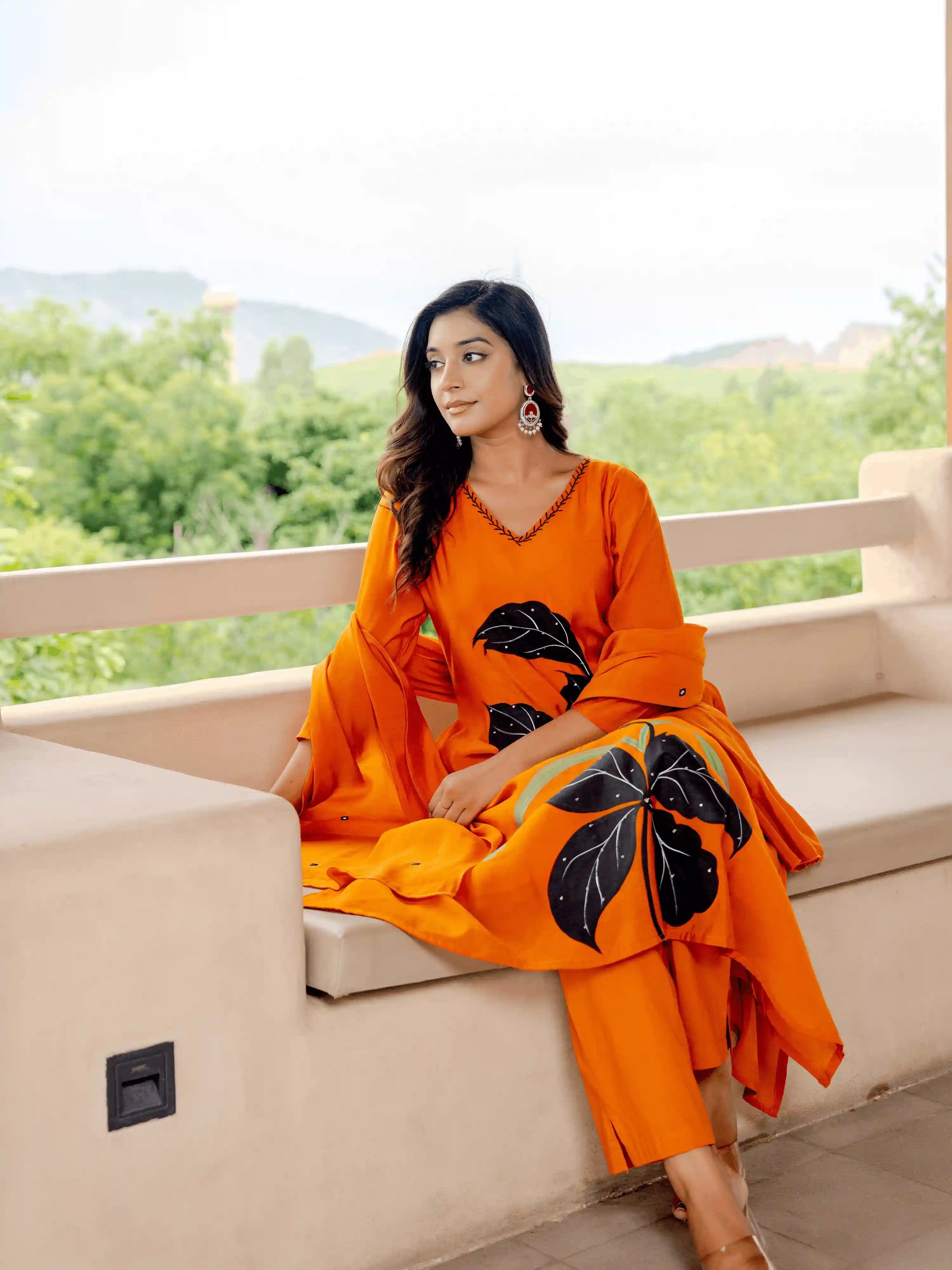 BRIGHT ORANGE FLORAL HAND PAINT  SUIT SET