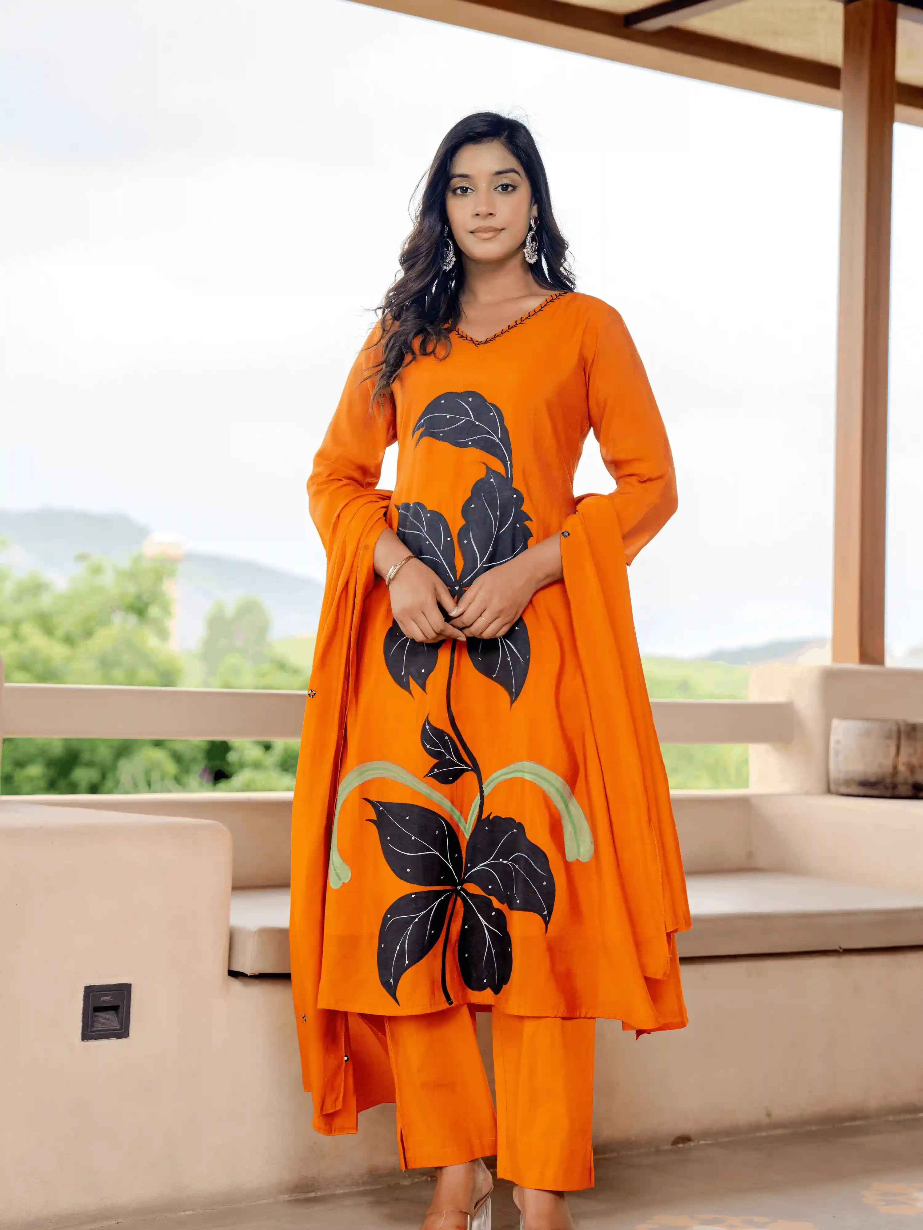 BRIGHT ORANGE FLORAL HAND PAINT  SUIT SET