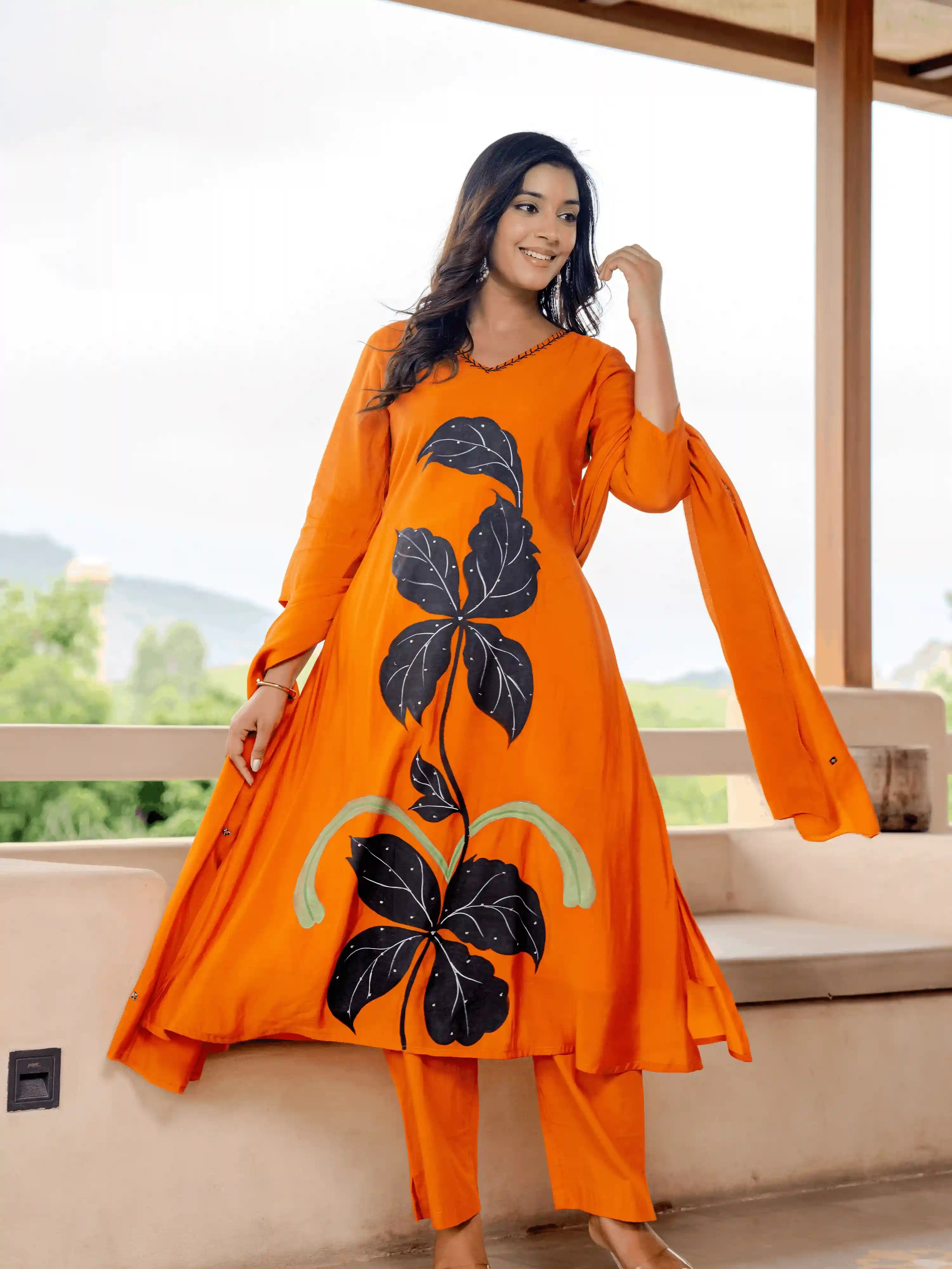 BRIGHT ORANGE FLORAL HAND PAINT  SUIT SET