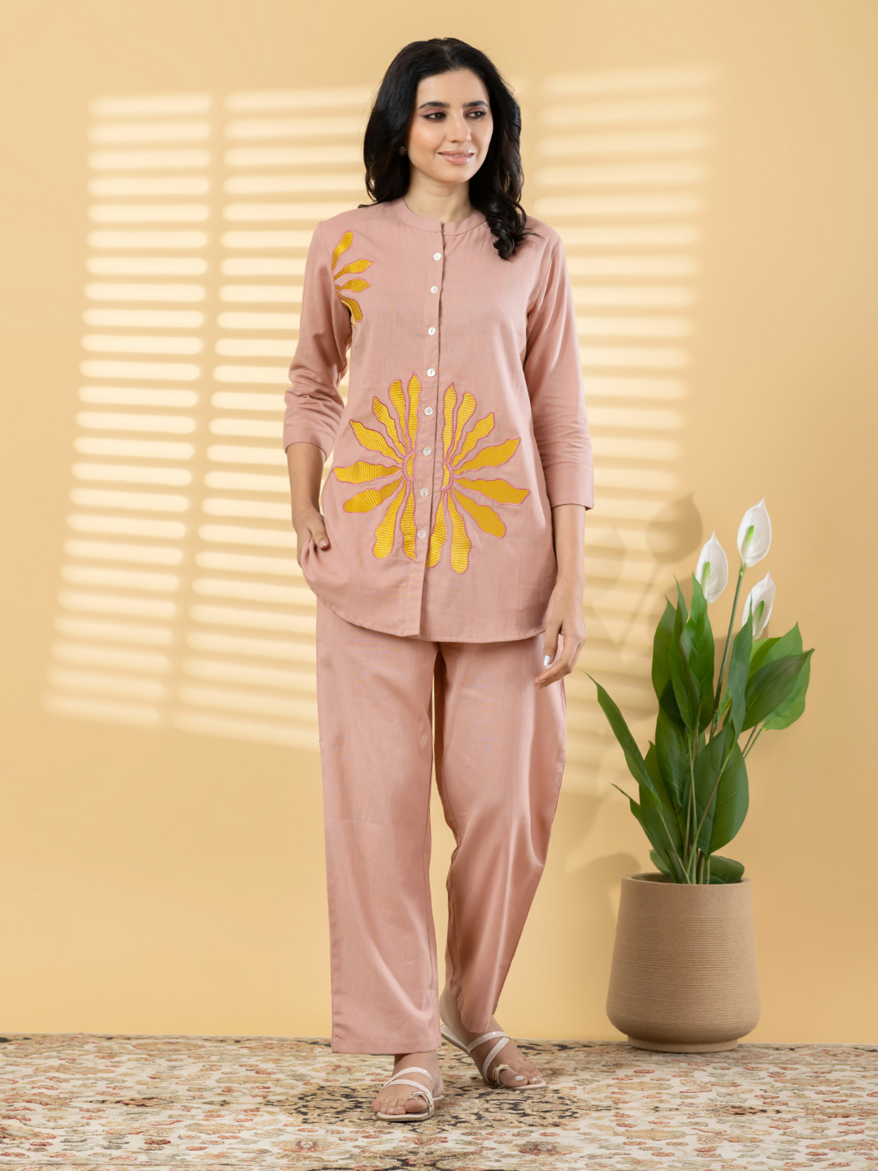 DUSTY PEACH SUNBURST EMBROIDERED SHIRT CO-ORD SET