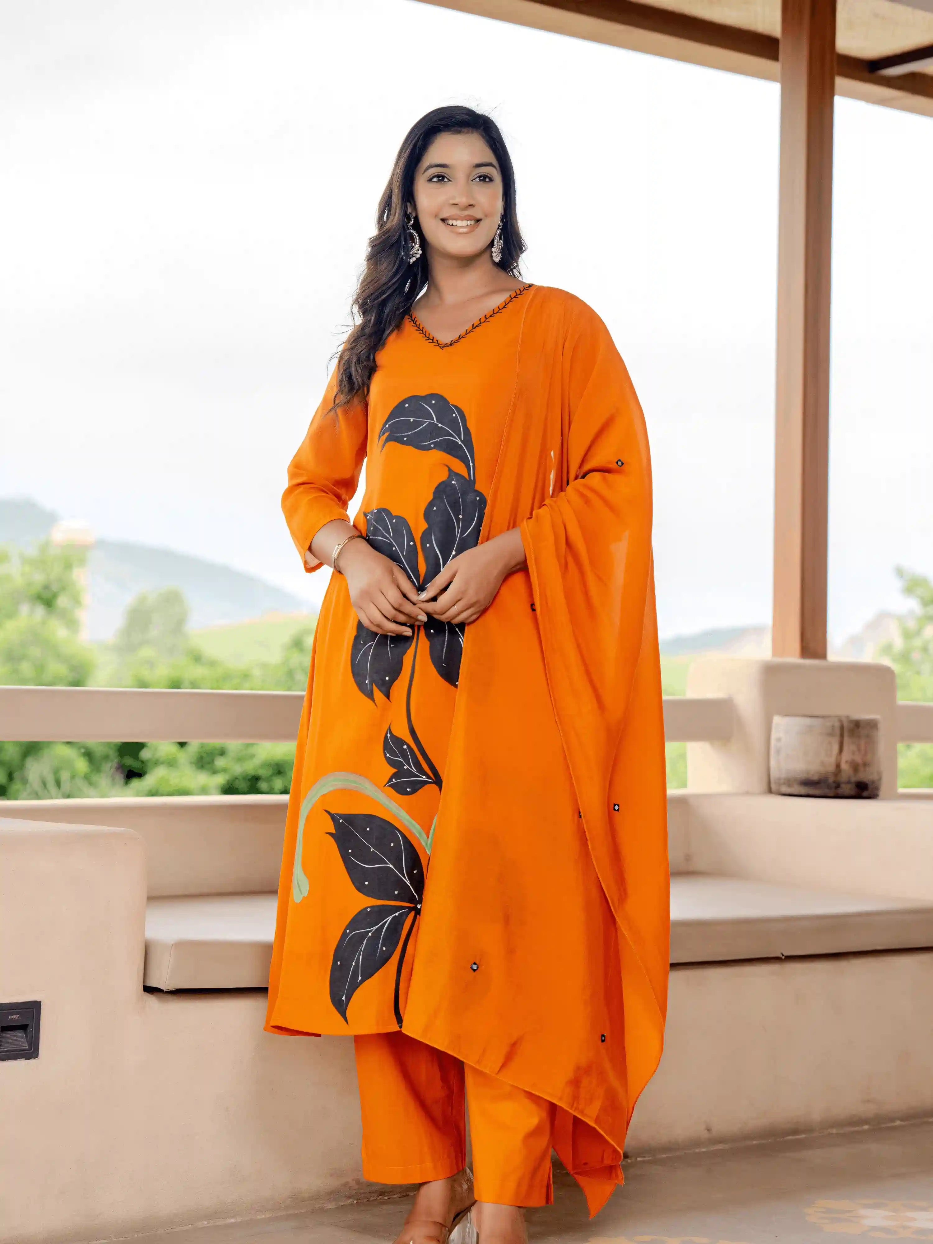 BRIGHT ORANGE FLORAL HAND PAINT  SUIT SET