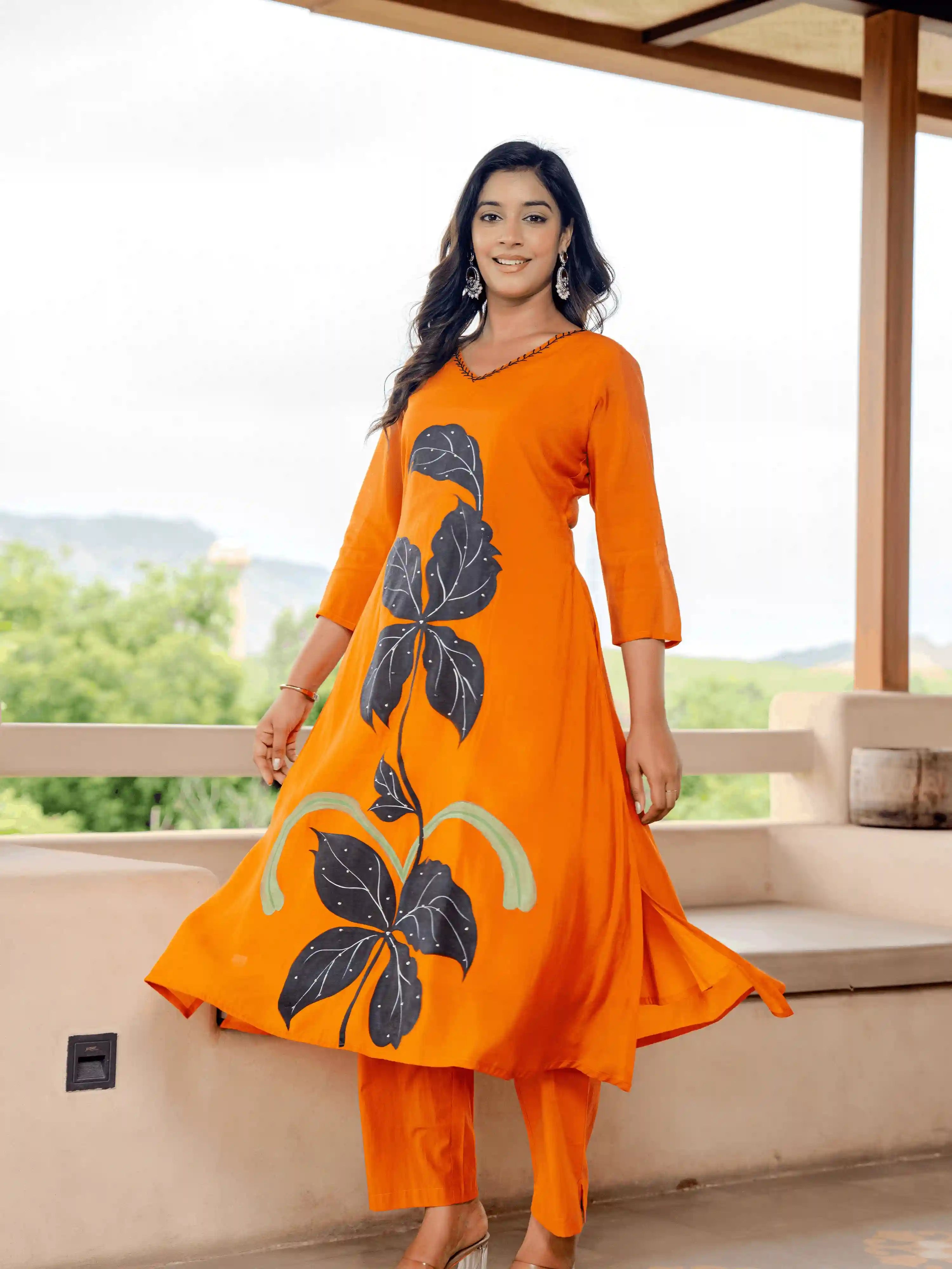 BRIGHT ORANGE FLORAL HAND PAINT  SUIT SET