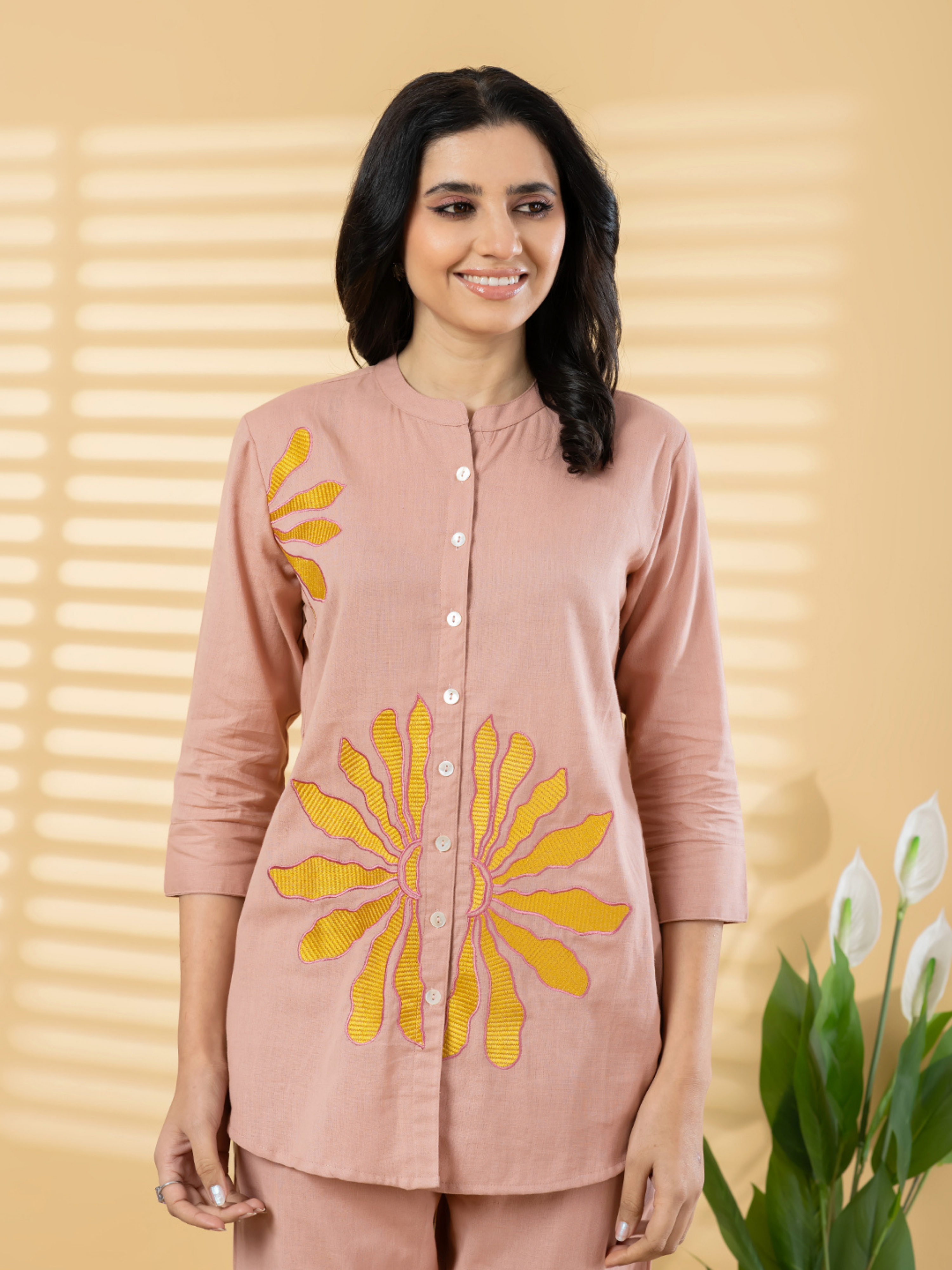 DUSTY PEACH SUNBURST EMBROIDERED SHIRT CO-ORD SET