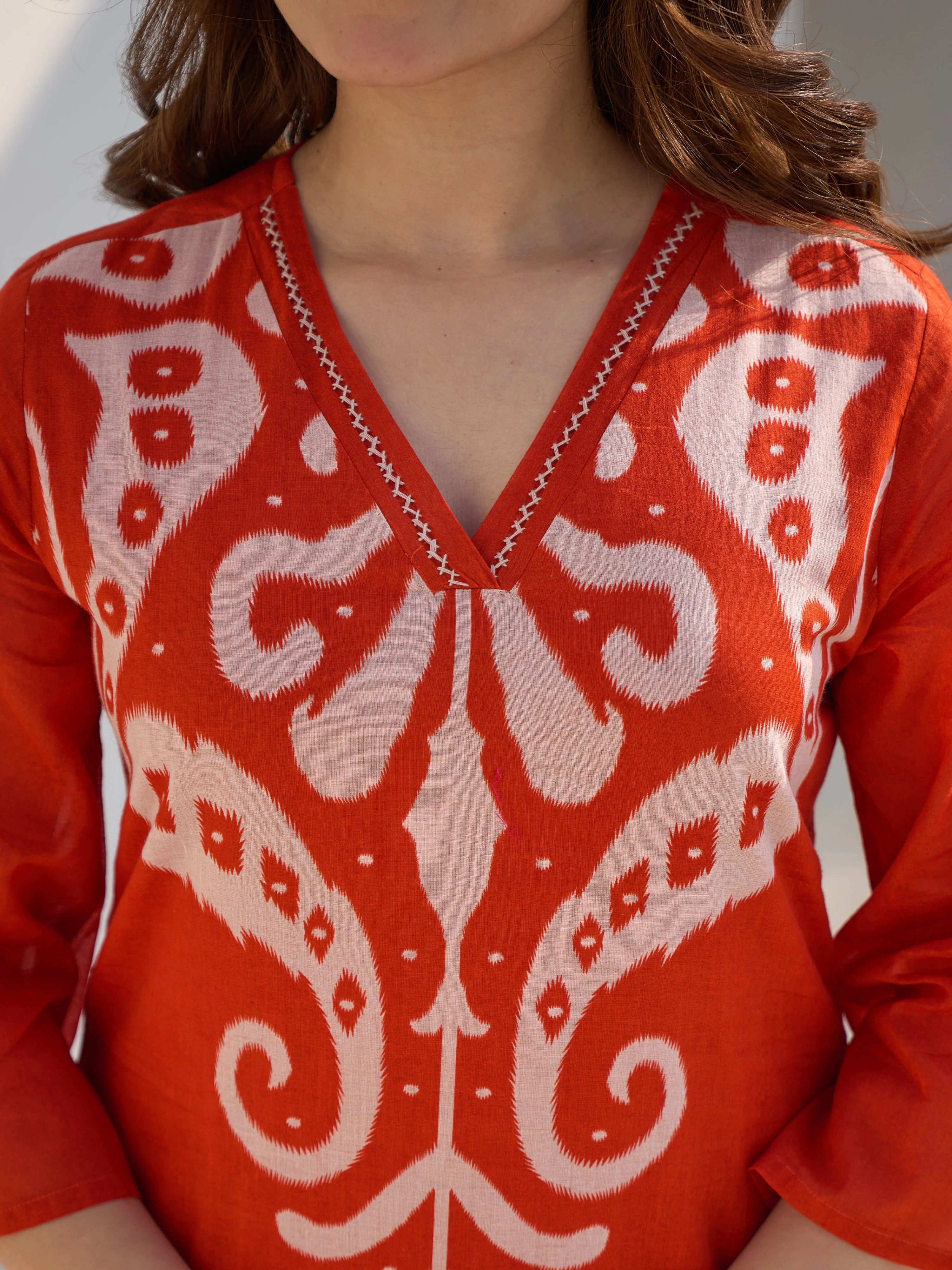 ORANGE IKAT PRINTED A-LINE KURTA SET