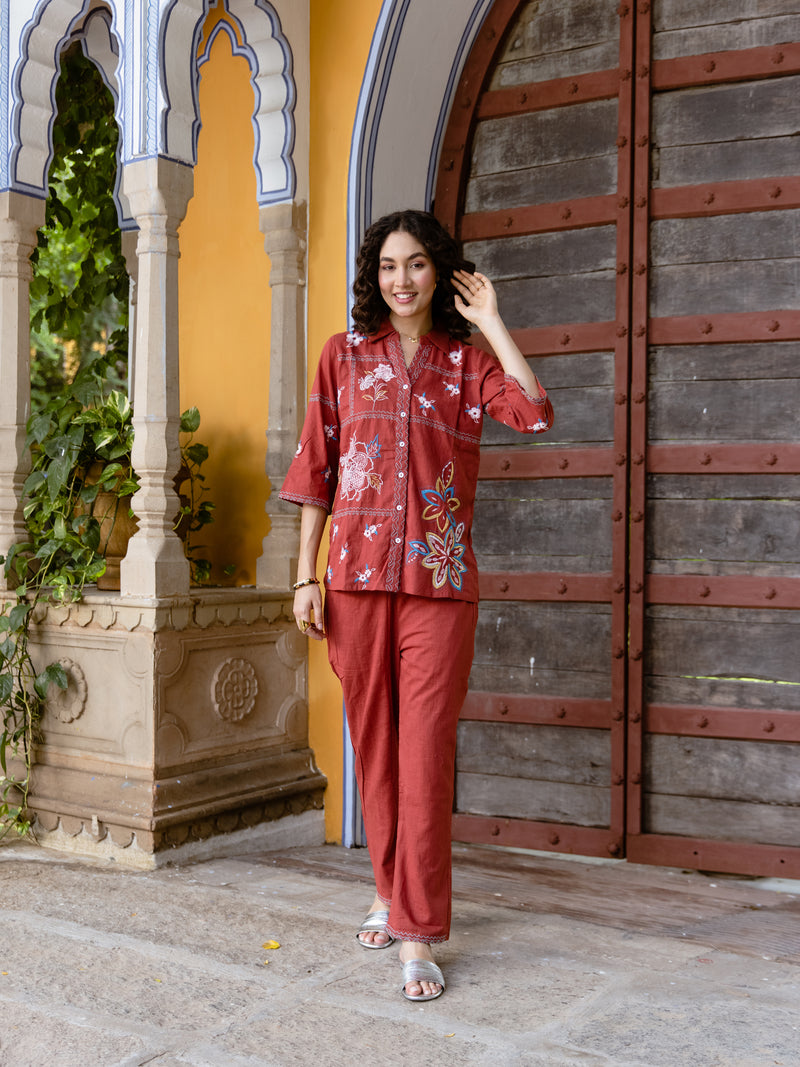 CHIRAG RUST FLORAL EMBROIDERED COTTON CO-ORD SET