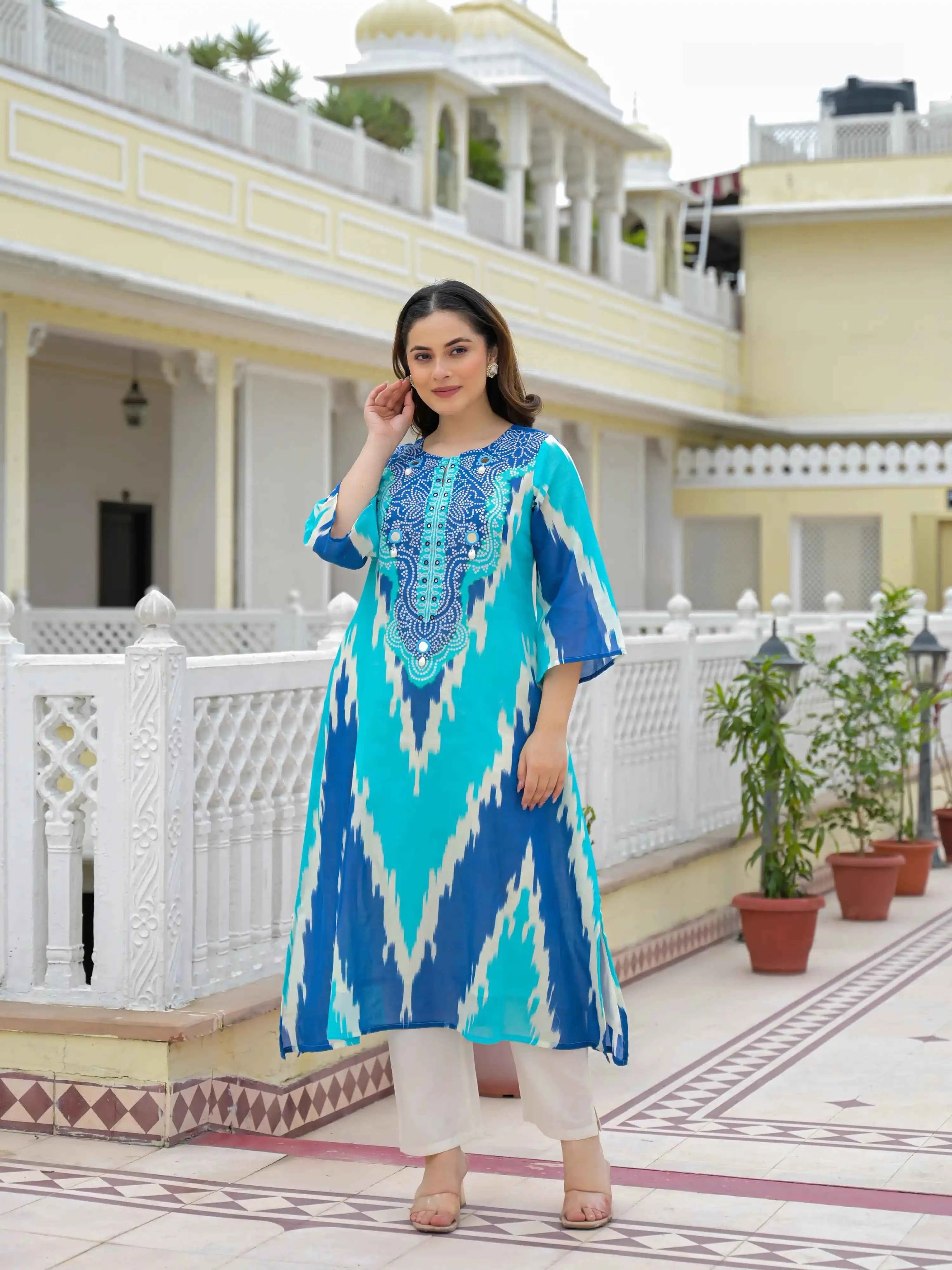 BLUE & TURQUOISE BANDHANI PRINT PURE COTTON KURTA SET