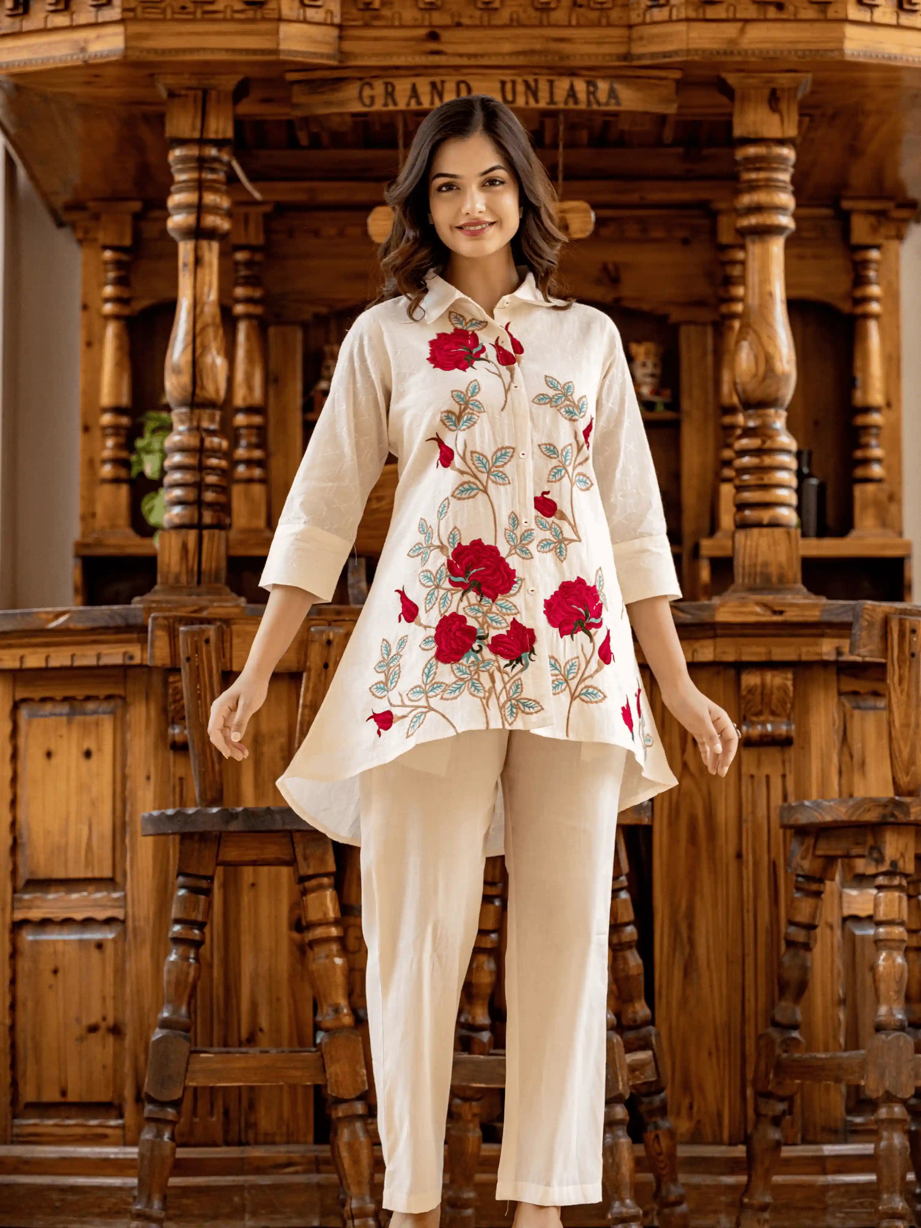 IVORY FLORAL EMBROIDERED HIGH-LOW CO-ORD SET