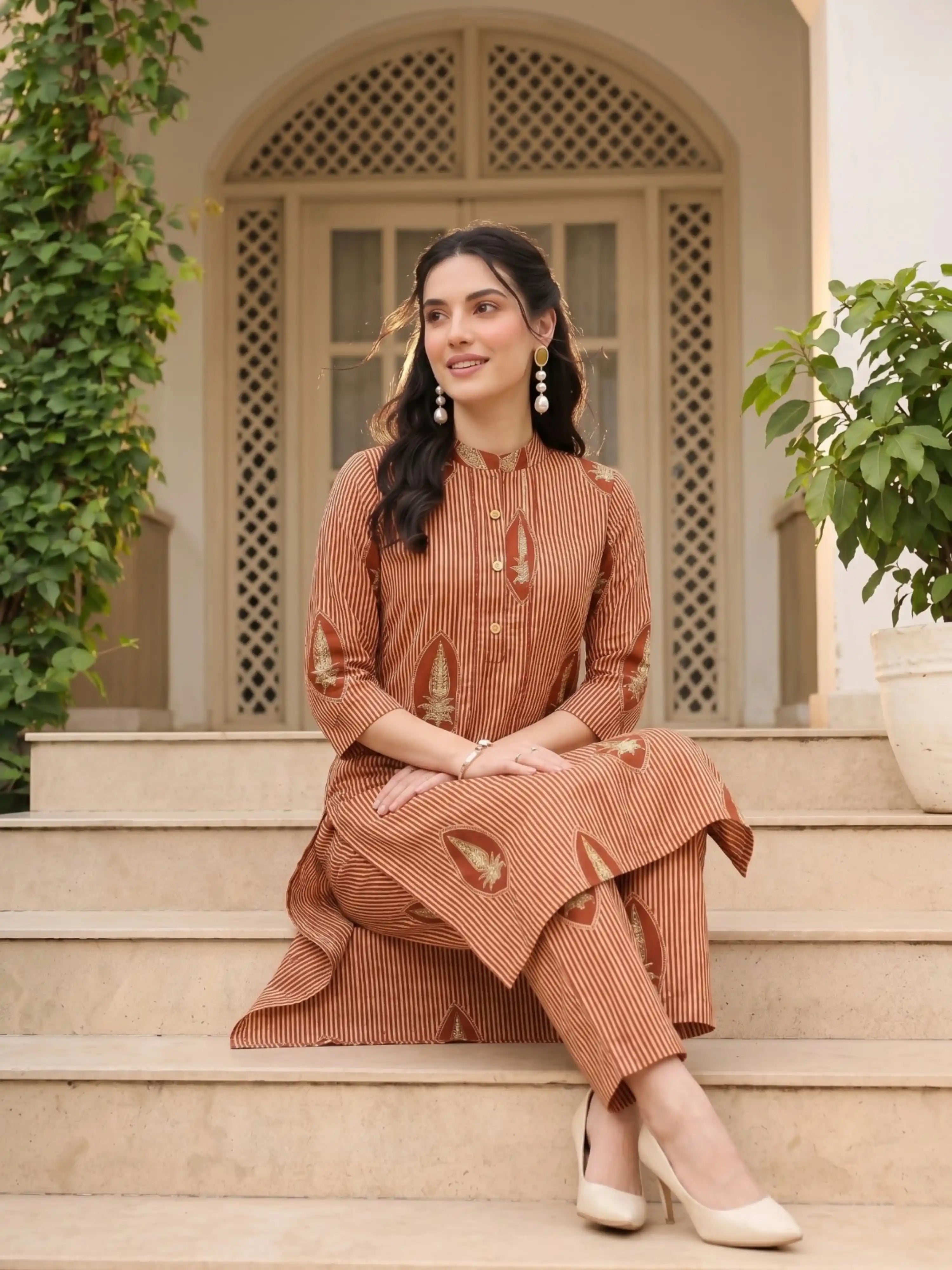 SANDALWOOD STRIPE PURE COTTON KURTA  SET