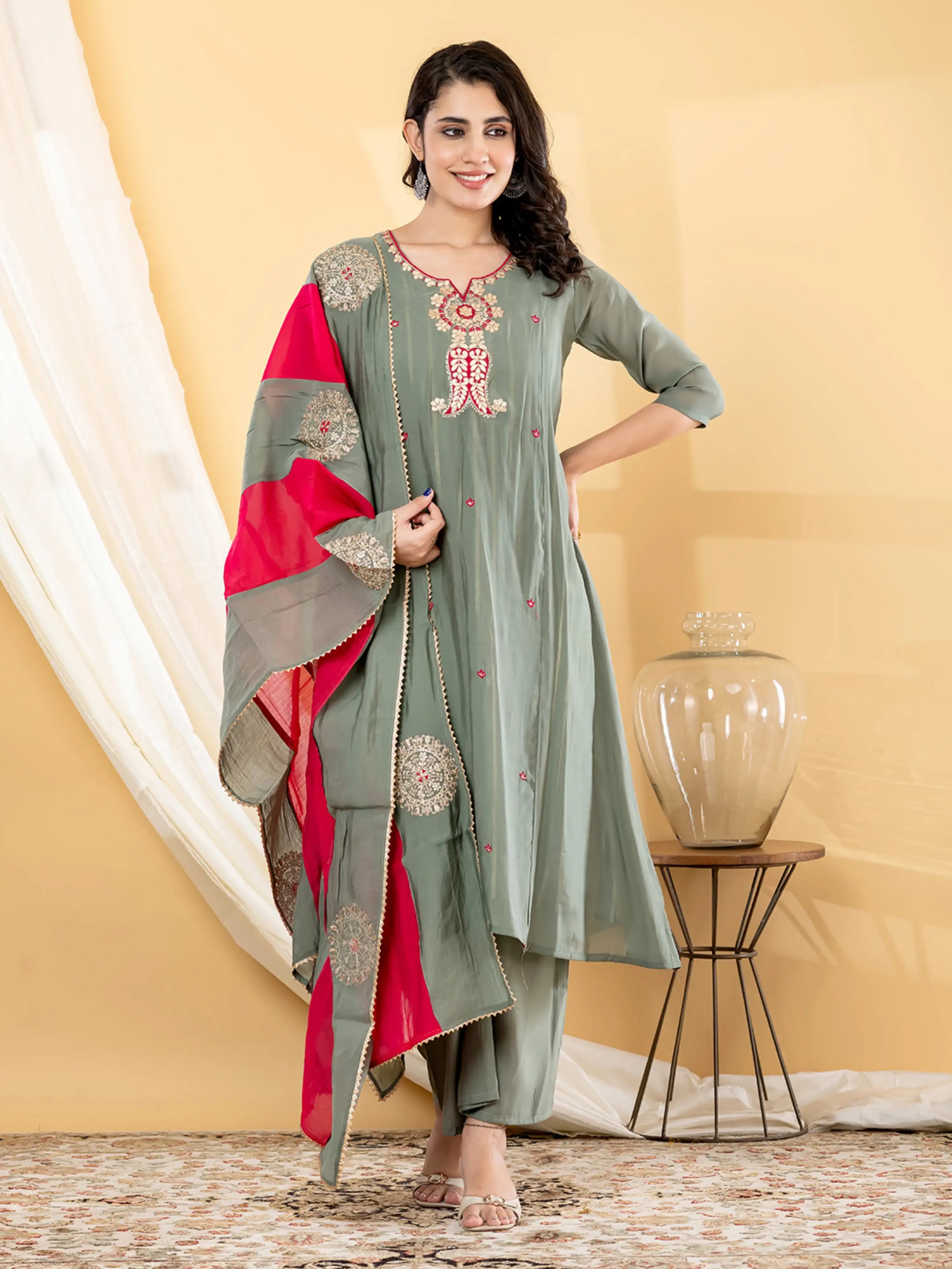 OLIVE BLOOM EMBROIDERED PURE BANARSI MUL CHANDERI SUIT SET