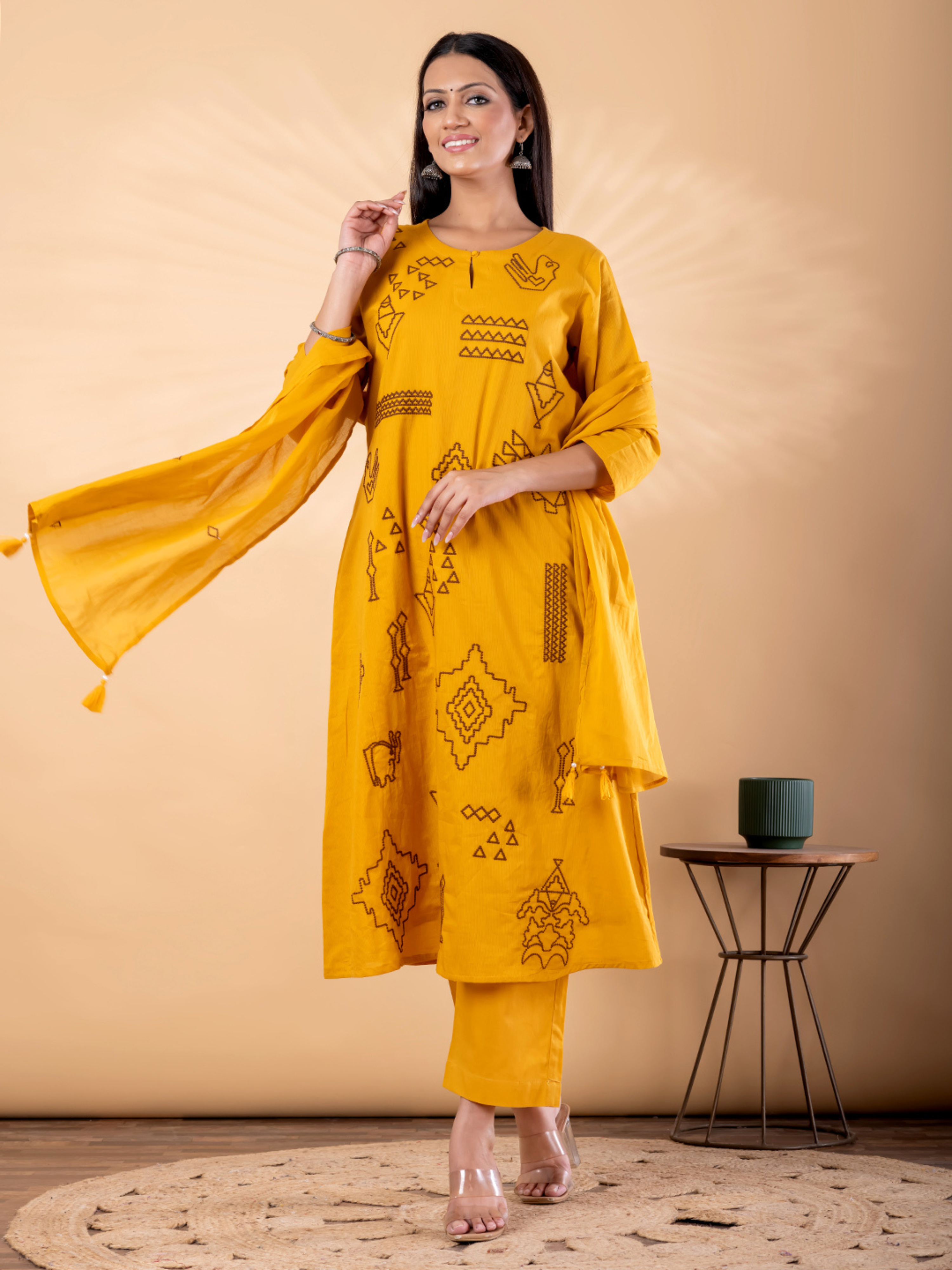 MUSTARD YELLOW TRIBAL EMBROIDERED SUIT SET