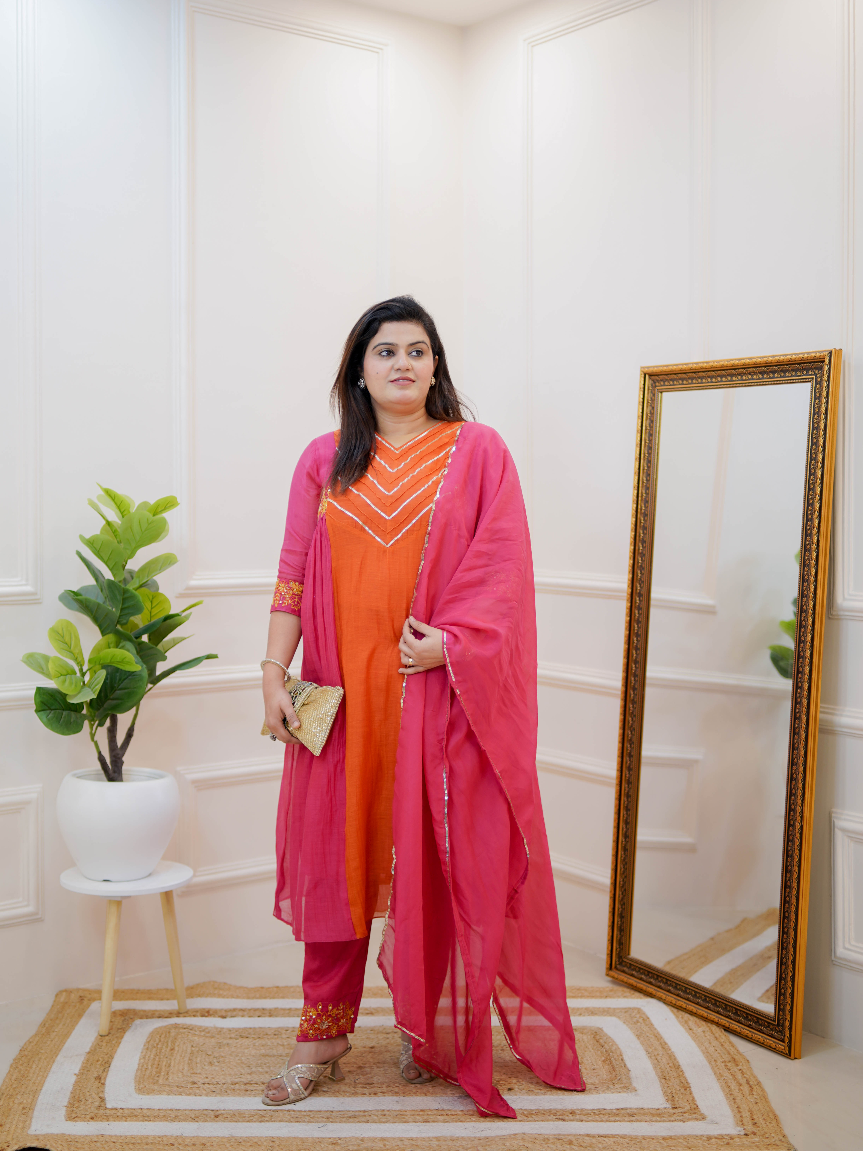 FUCHSIA PINK CHEVRON EMBROIDERED SUIT SET