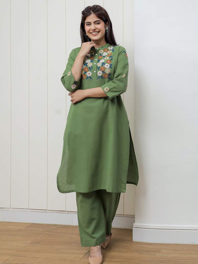 AUGUSTA GREEN EMBEROIDERED KURTA SET