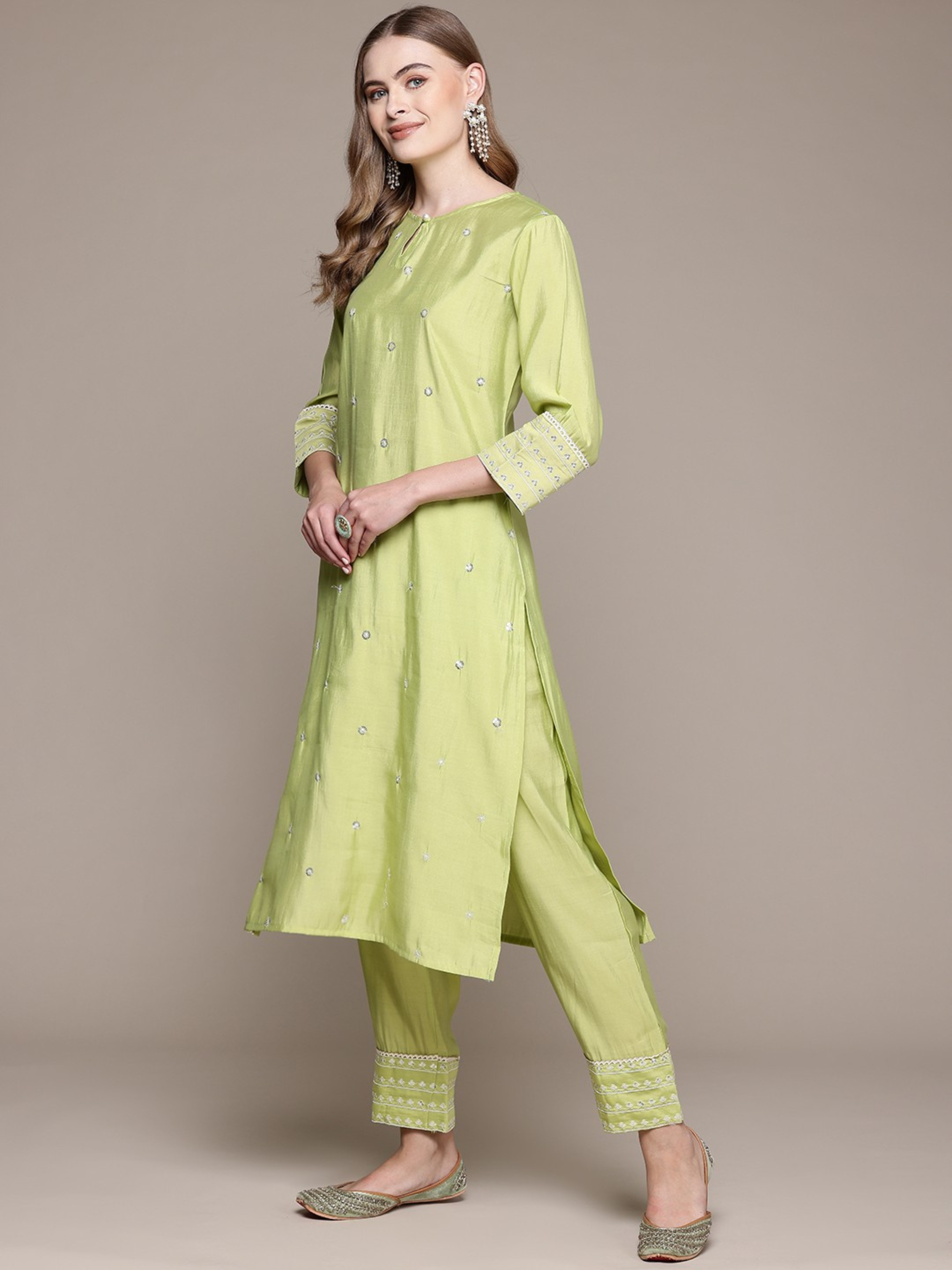LIME GREEN STRAIGHT EMBROIDERED SUIT SET