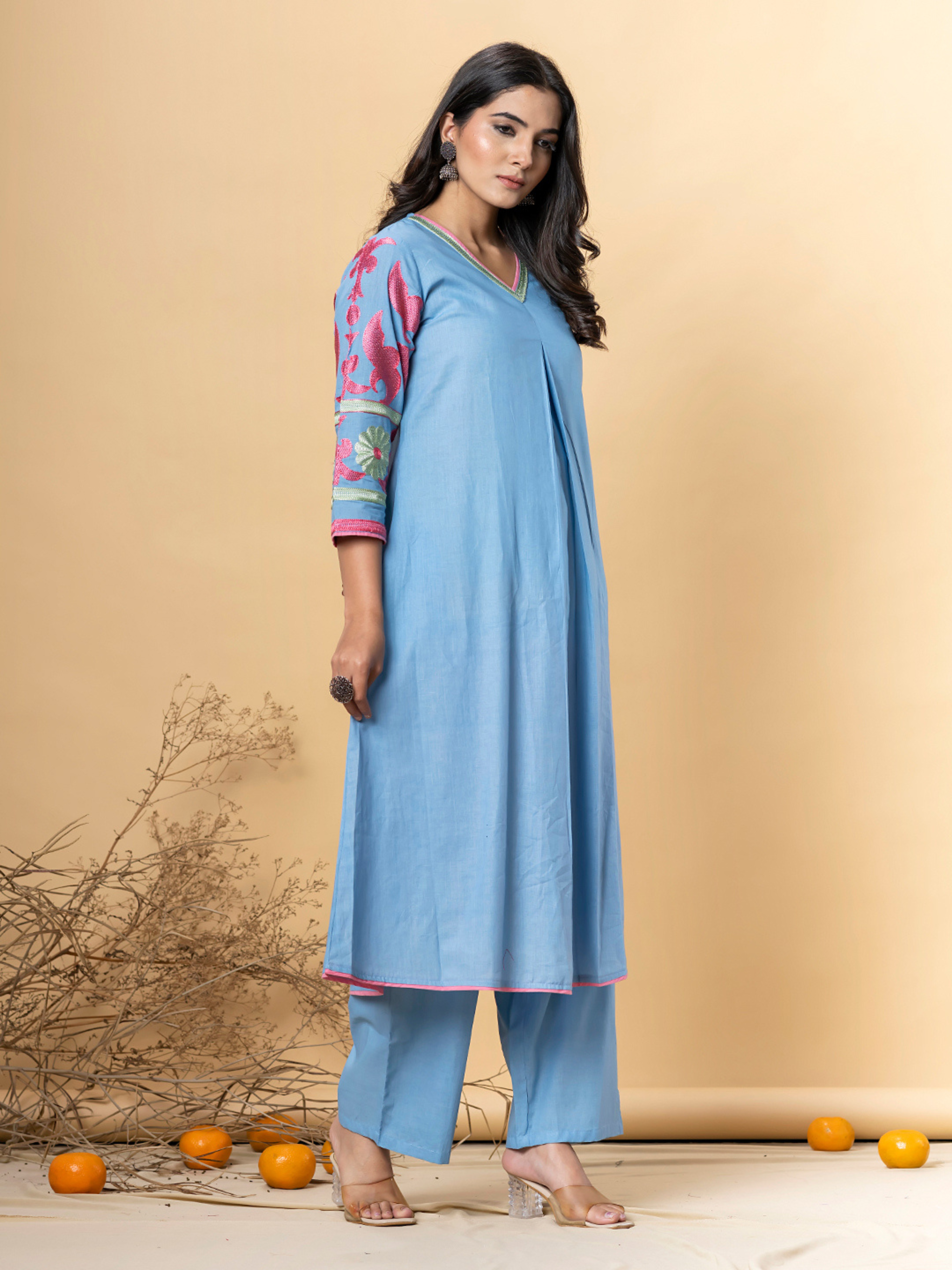 SKY BLUE EMBROIDERED A-LINE KURTA SET