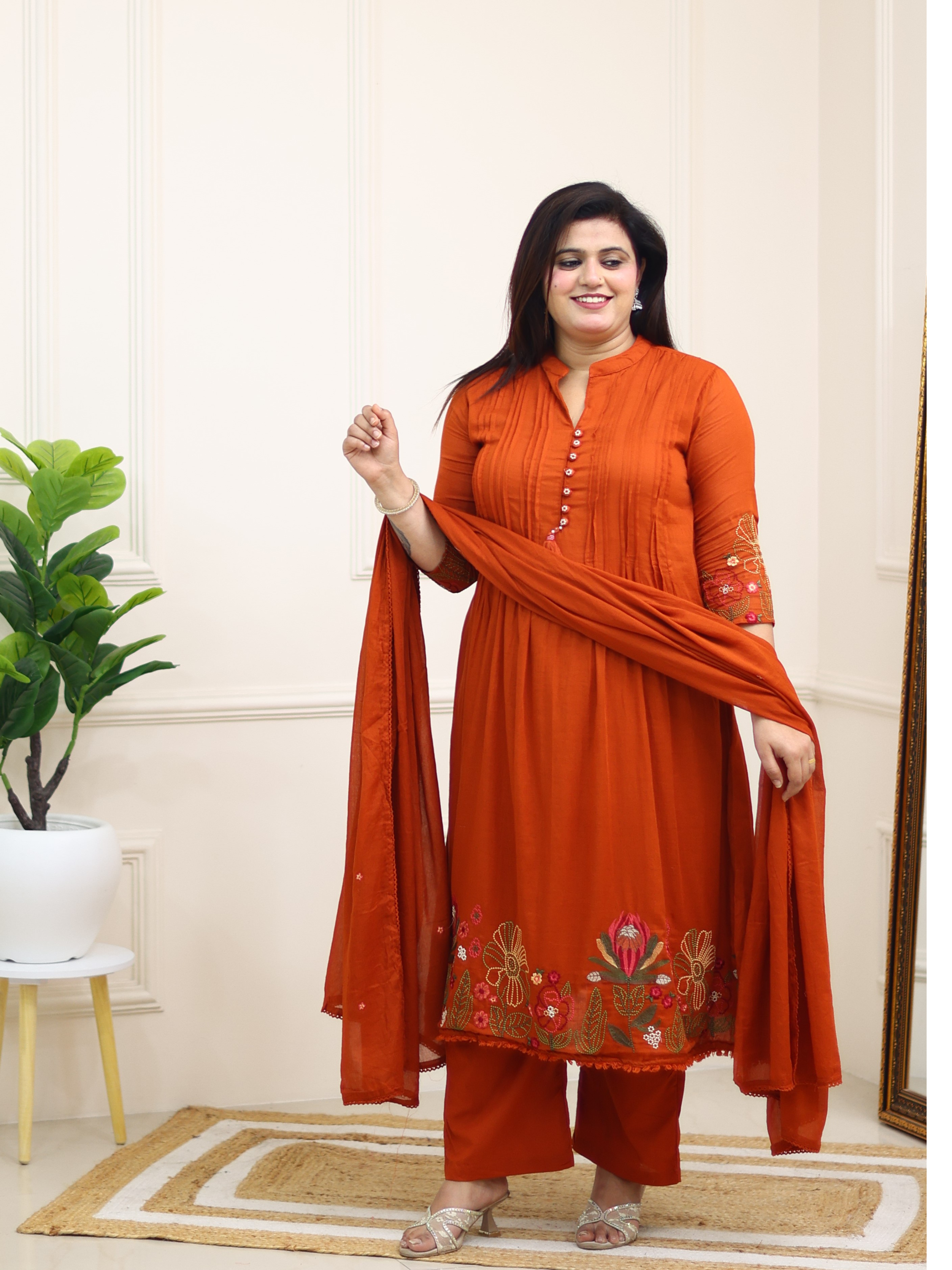 RUST ORANGE EMBROIDERED SUIT SET