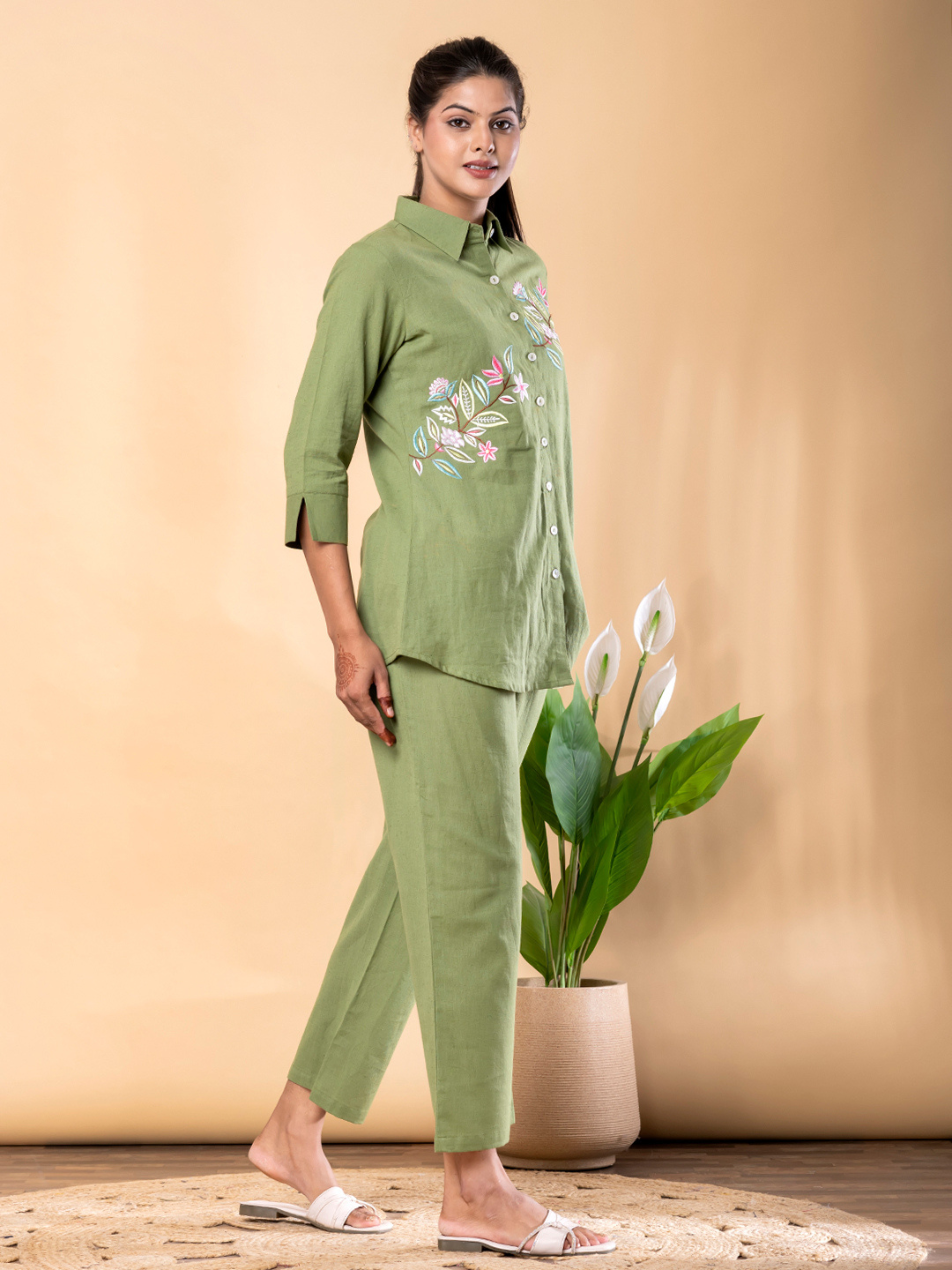 OLIVE GREEN FLORAL EMBROIDERED CO-ORD  SET