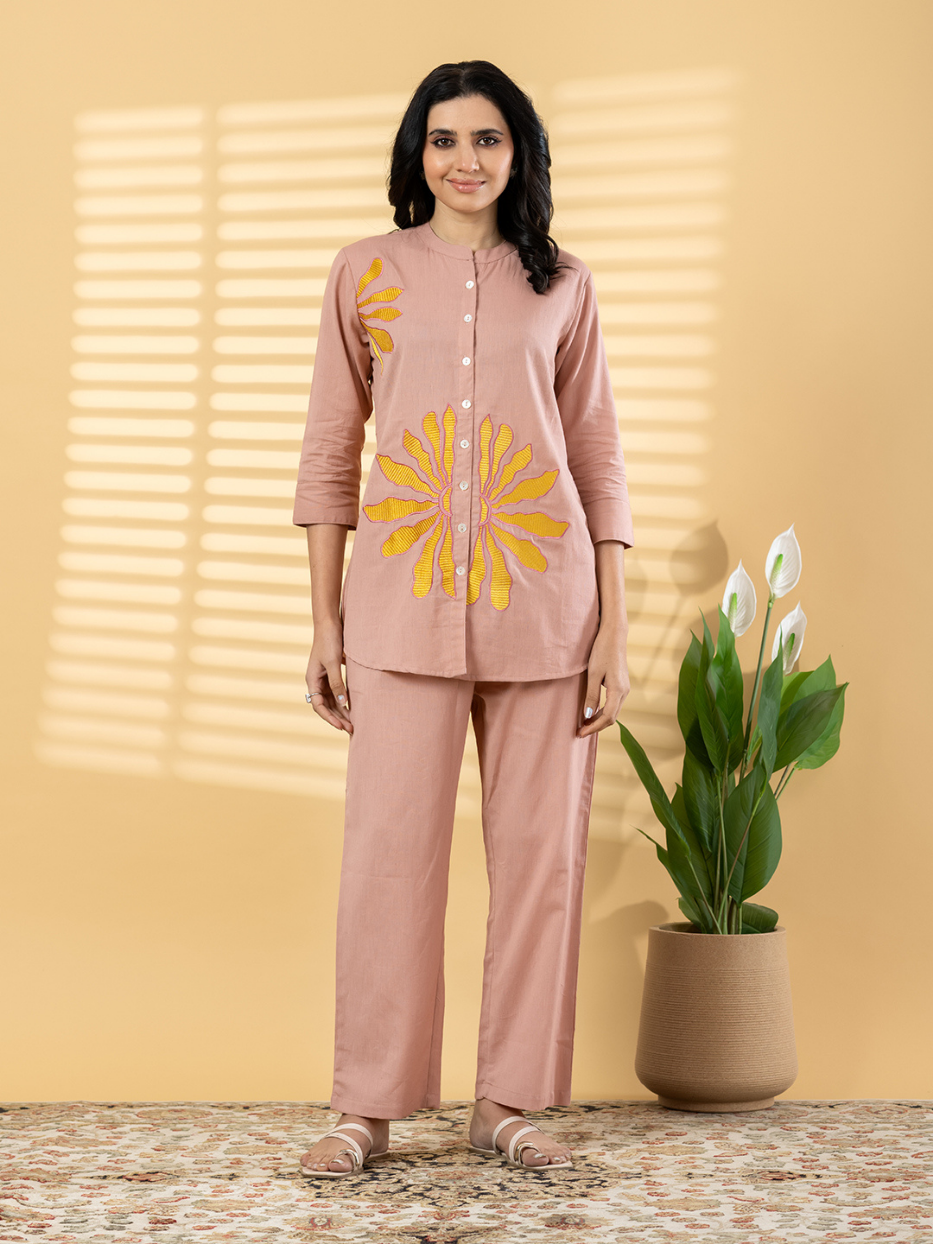 DUSTY PEACH SUNBURST EMBROIDERED SHIRT CO-ORD SET