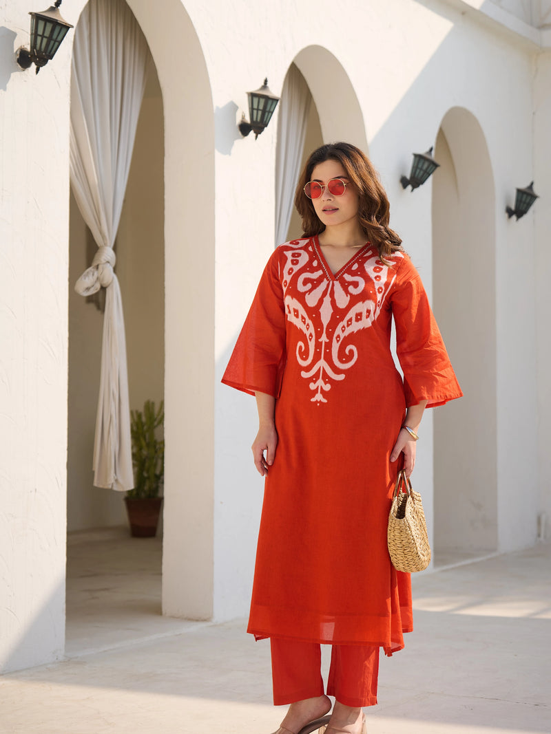 ORANGE IKAT PRINTED A-LINE KURTA SET