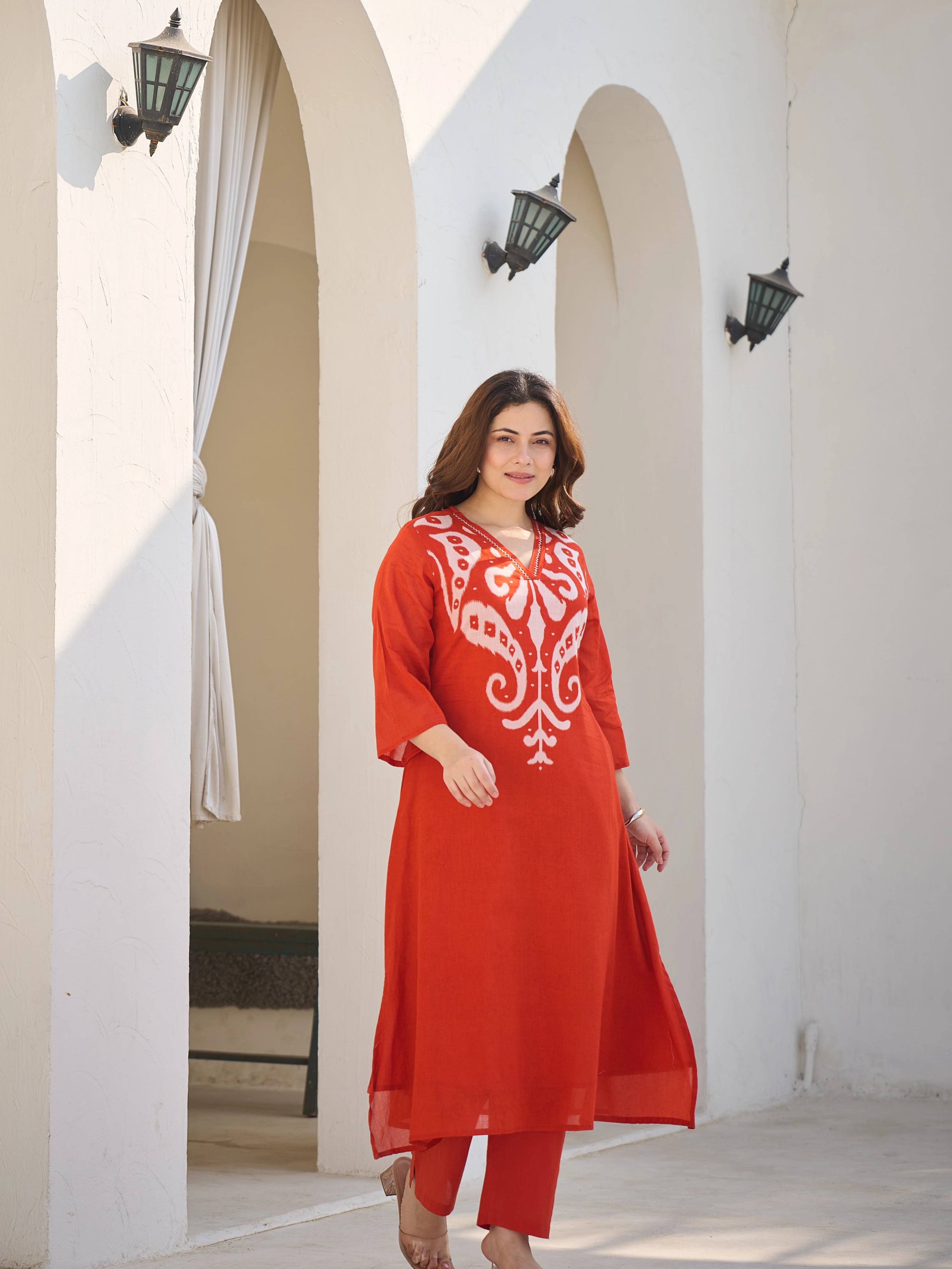 ORANGE IKAT PRINTED A-LINE KURTA SET