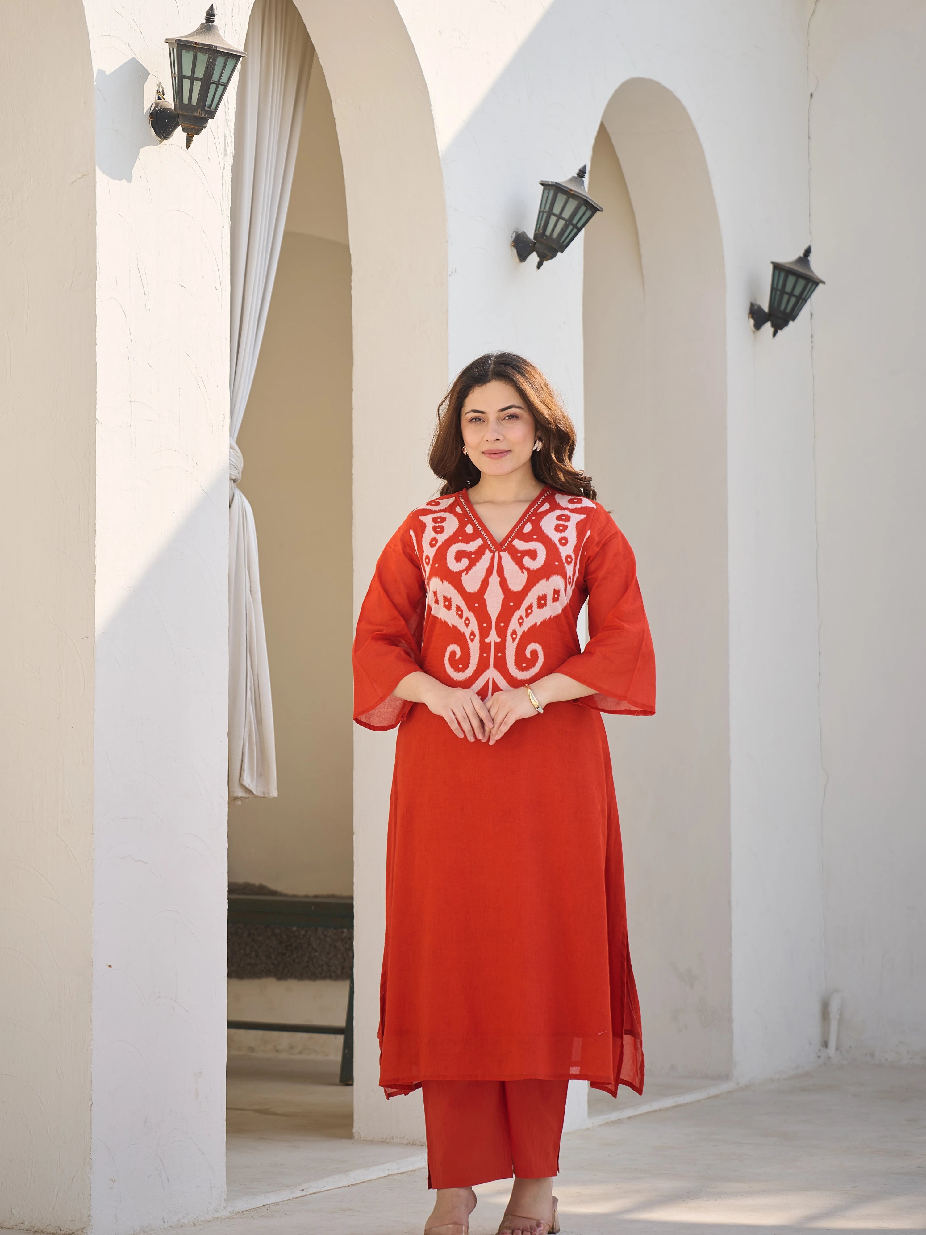 ORANGE IKAT PRINTED A-LINE KURTA SET