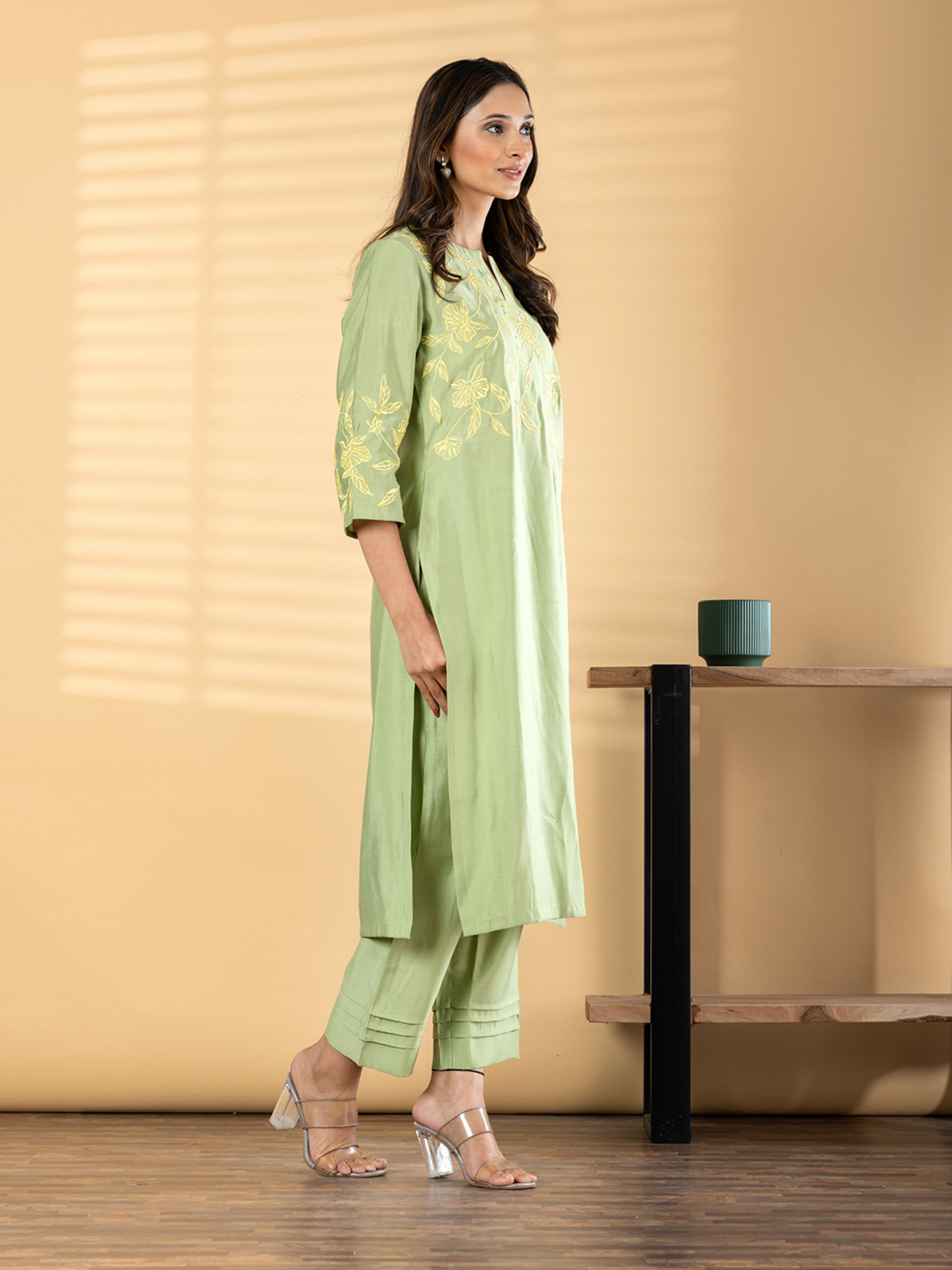 SAGE GREEN FLORAL EMBROIDERED KURTA SET