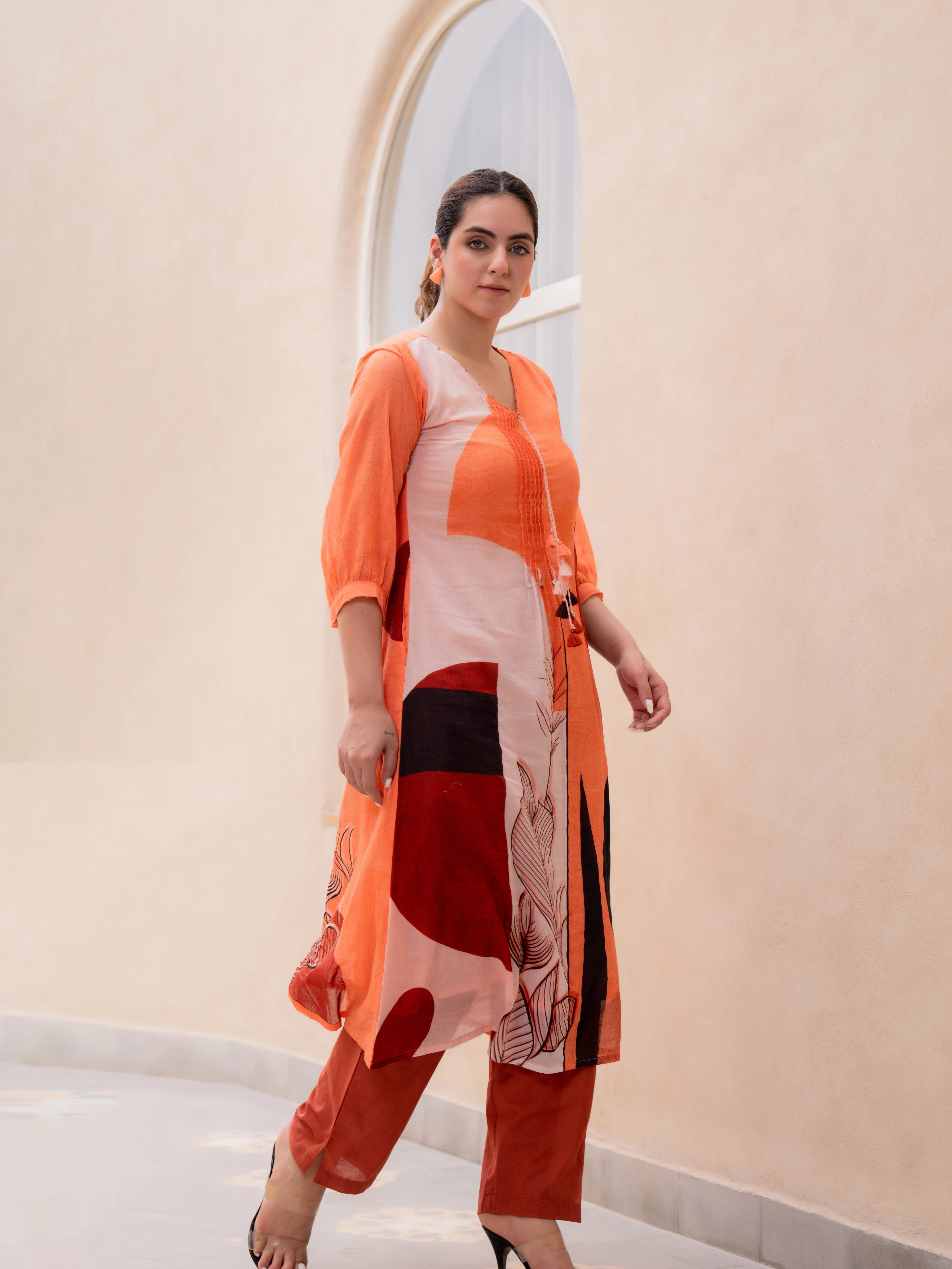 ORANGE ABSTRACT PRINTED A-LINE  KURTA SET