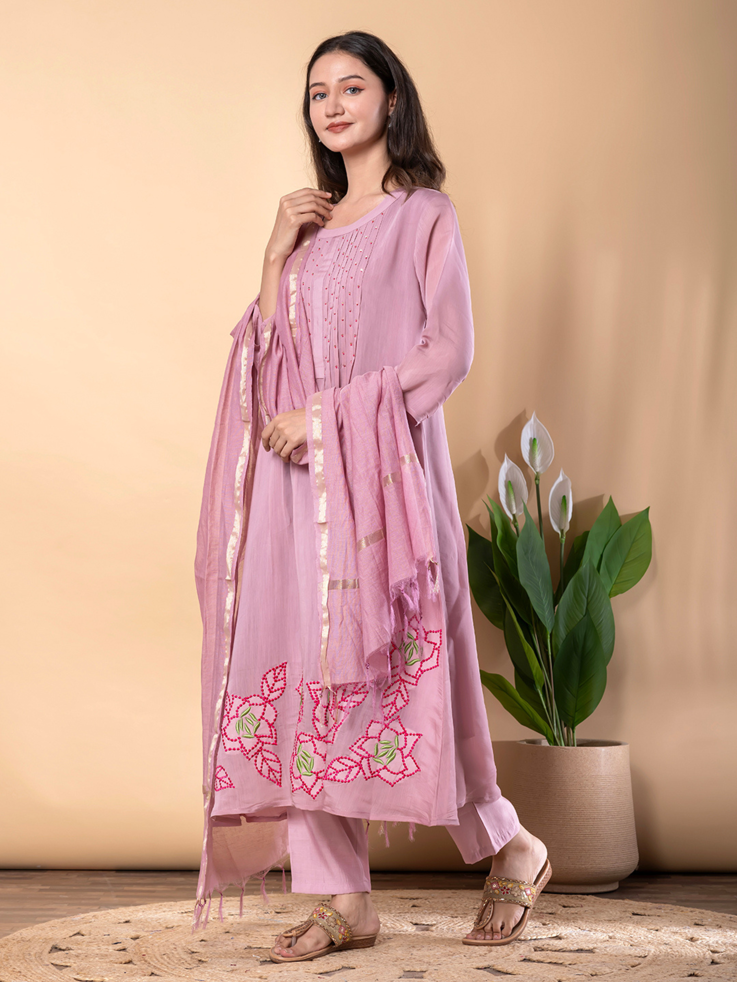 ELEGANT DUSTY PINK FLORAL EMBROIDERED SUIT  SET