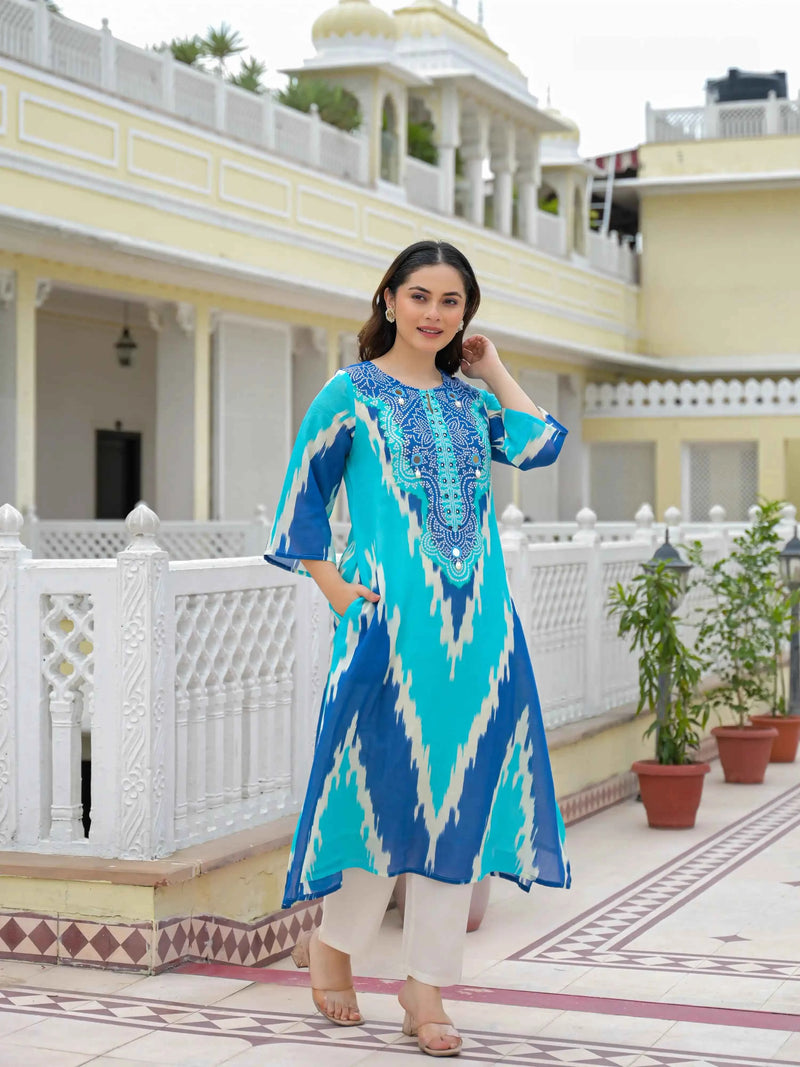 BLUE & TURQUOISE BANDHANI PRINT PURE COTTON KURTA SET