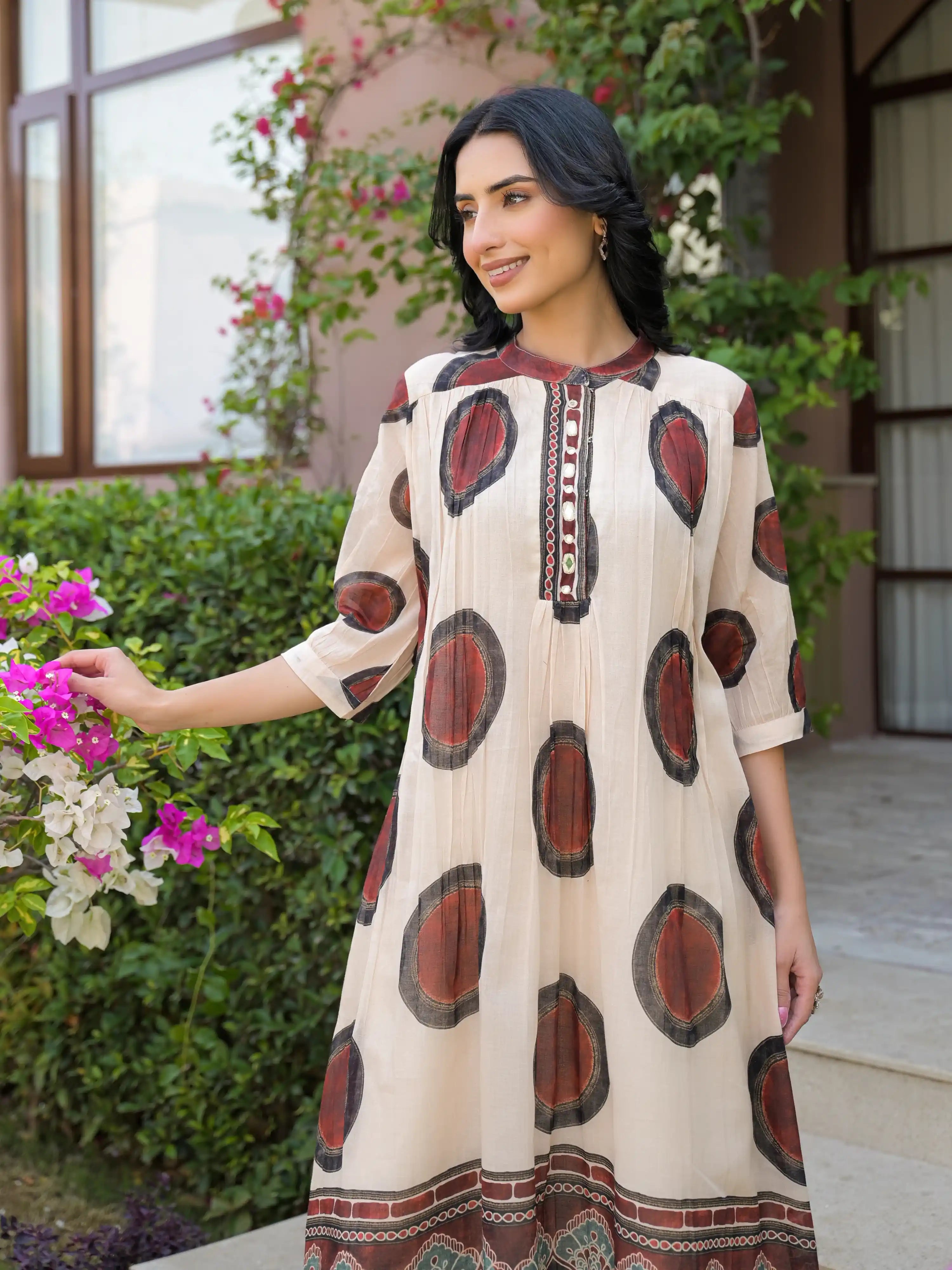 DESERT ART PRINTED FLARED PURE MUL COTTON  KURTA SET
