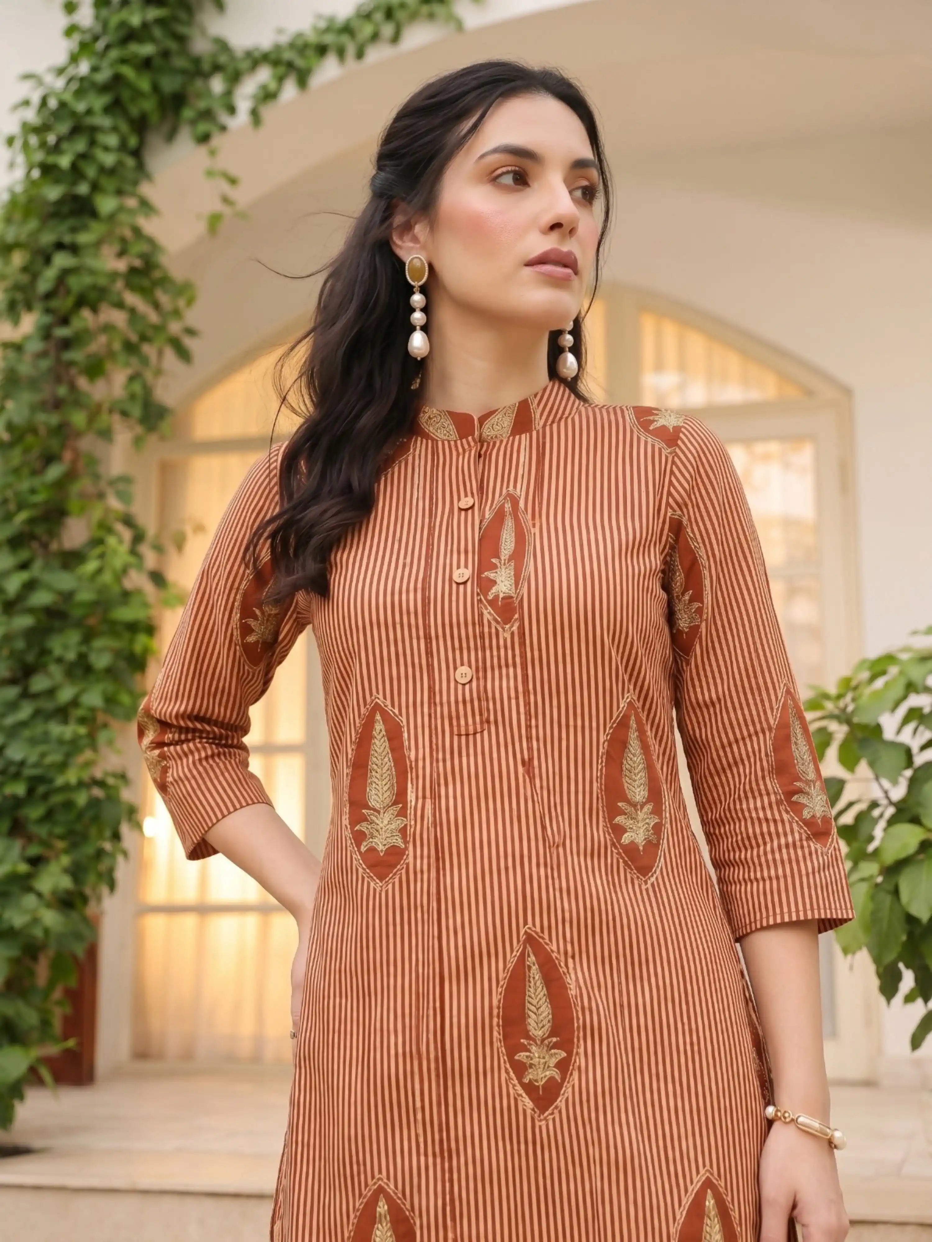 SANDALWOOD STRIPE PURE COTTON KURTA  SET