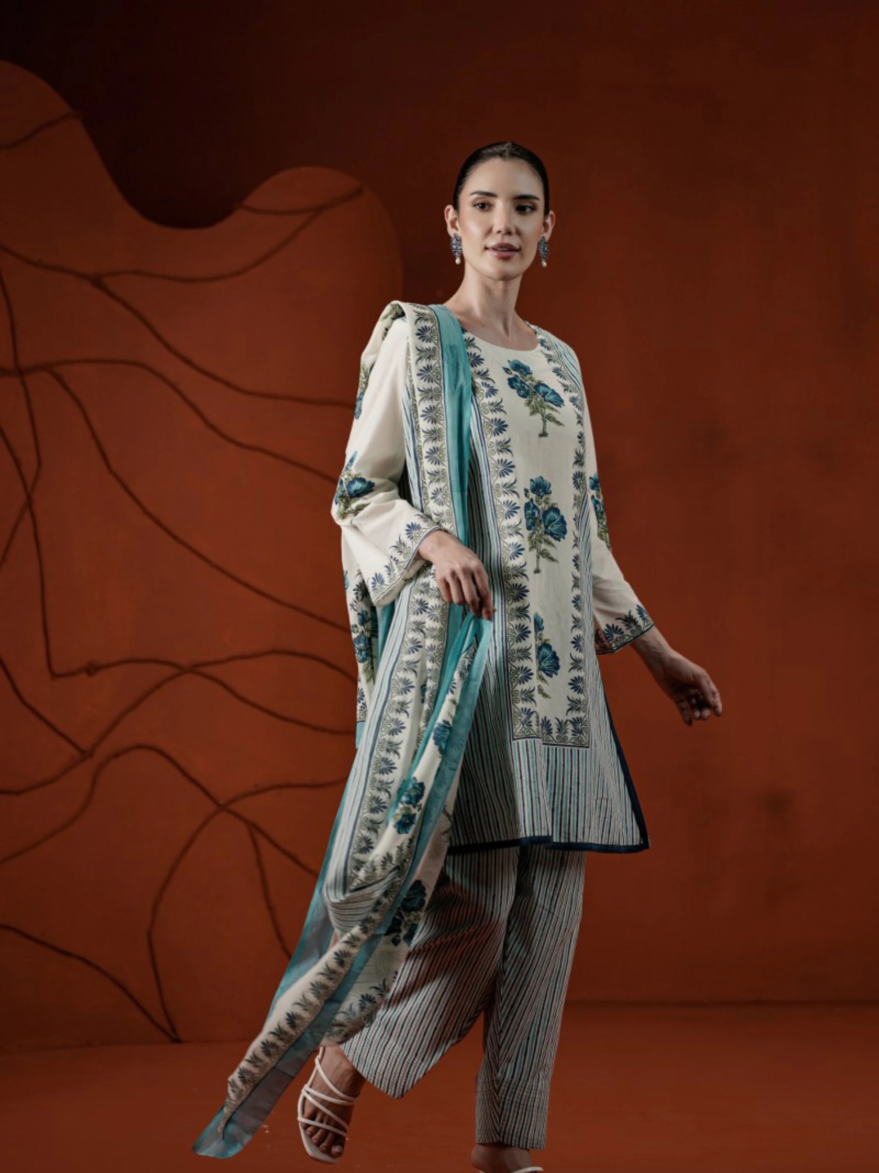 SKY BLUE FLORAL BORDER PRINT PURE COTTON SUIT SET
