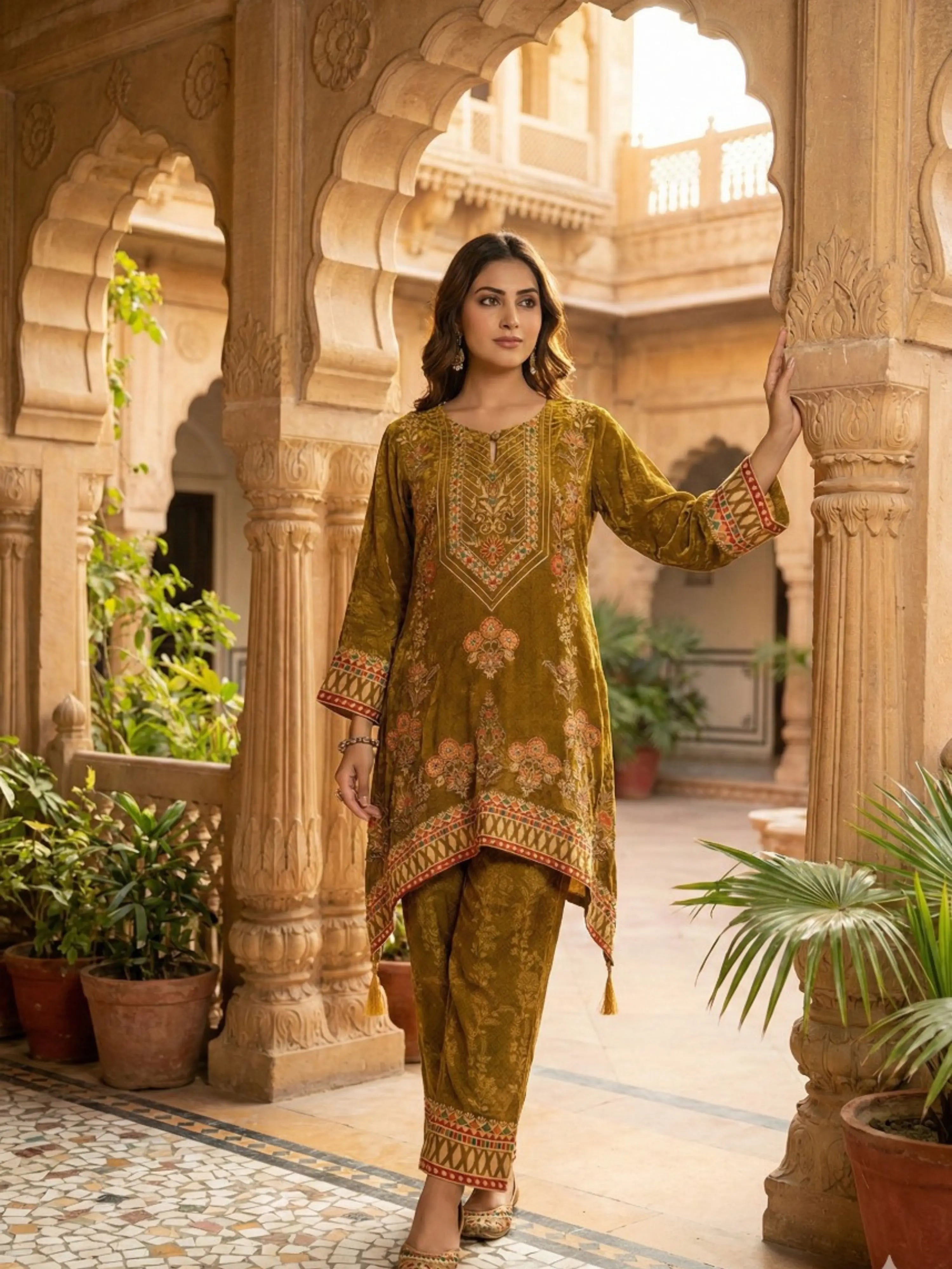 MUSTARD DIGITAL PRINT MIRROR WORK CO-ORD SET
