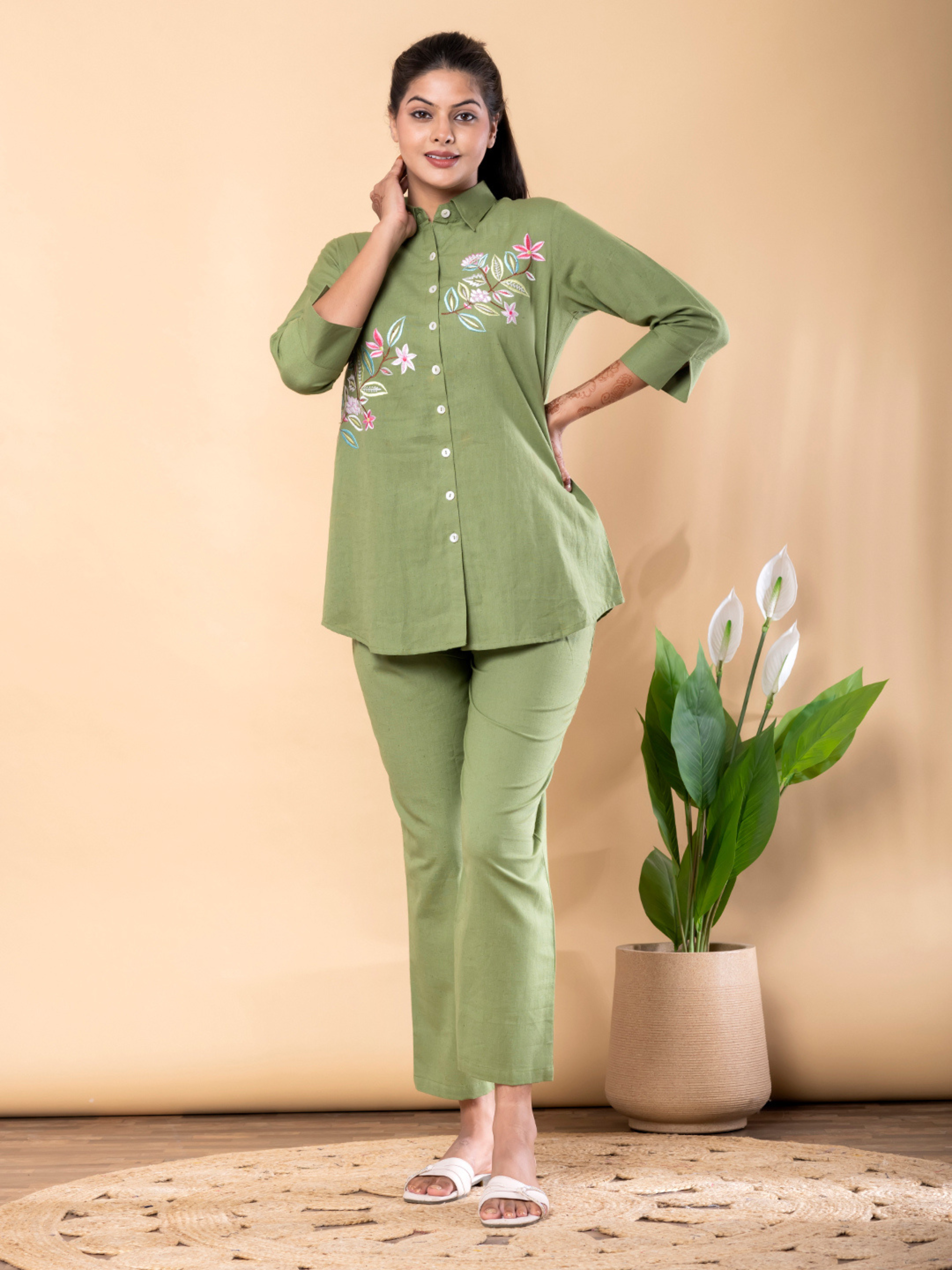 OLIVE GREEN FLORAL EMBROIDERED CO-ORD  SET