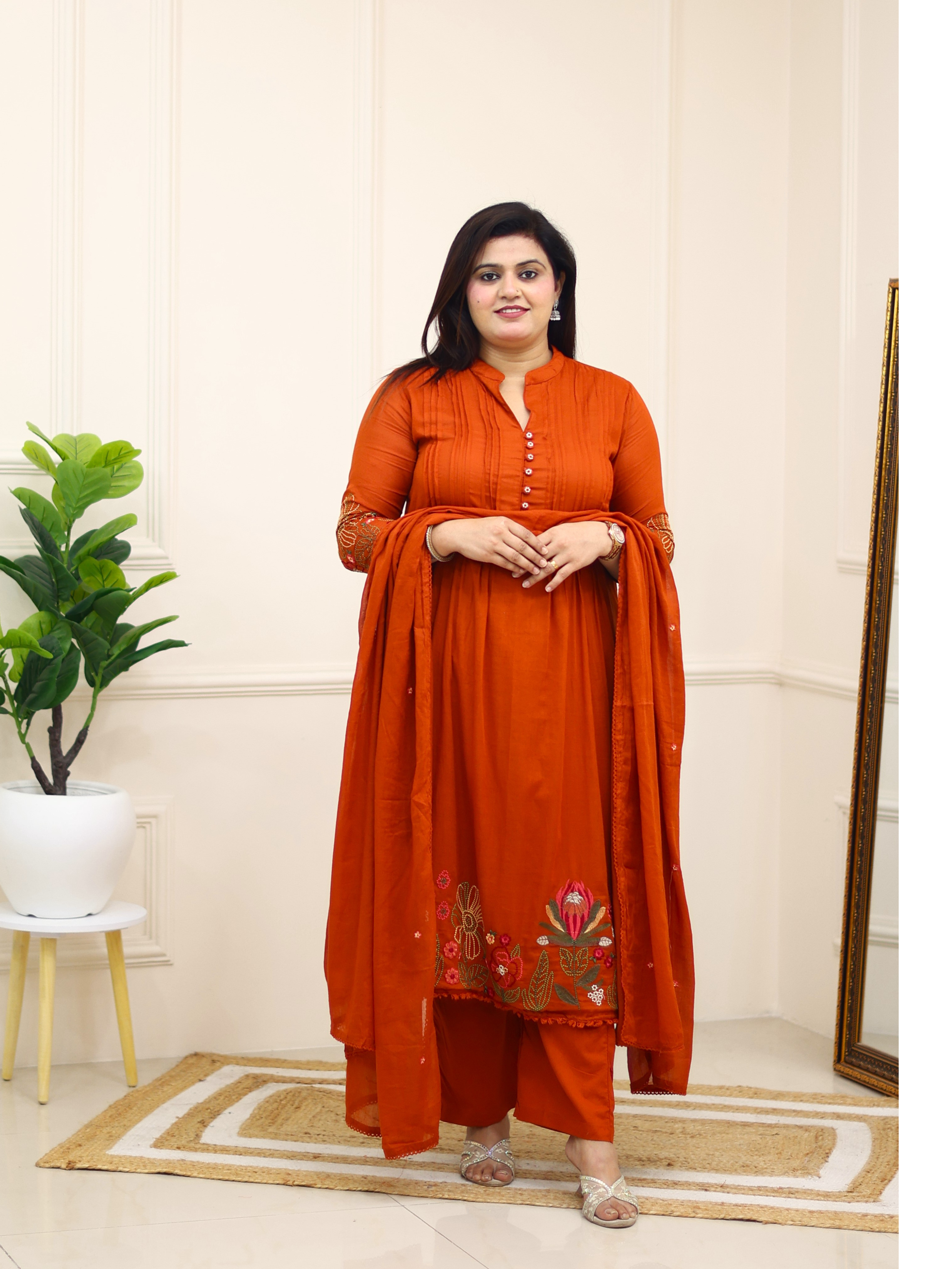 RUST ORANGE EMBROIDERED SUIT SET