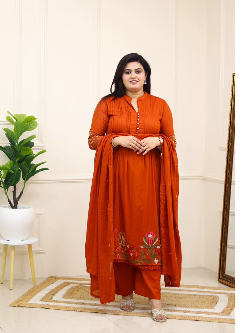 RUST ORANGE EMBROIDERED SUIT SET