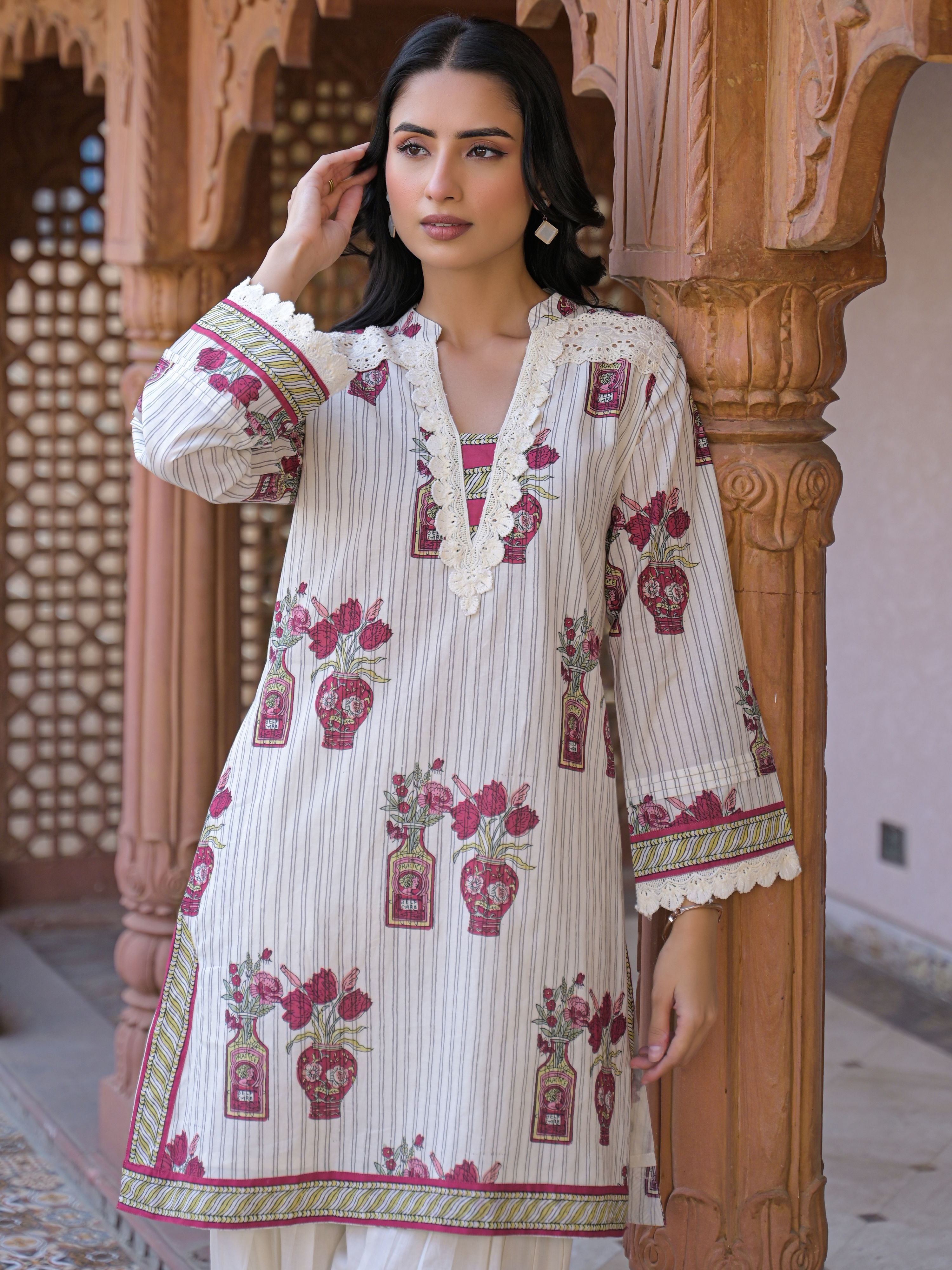 ROSE IVORY HERITAGE LACE WORK PURE COTTON FARSHI SUIT