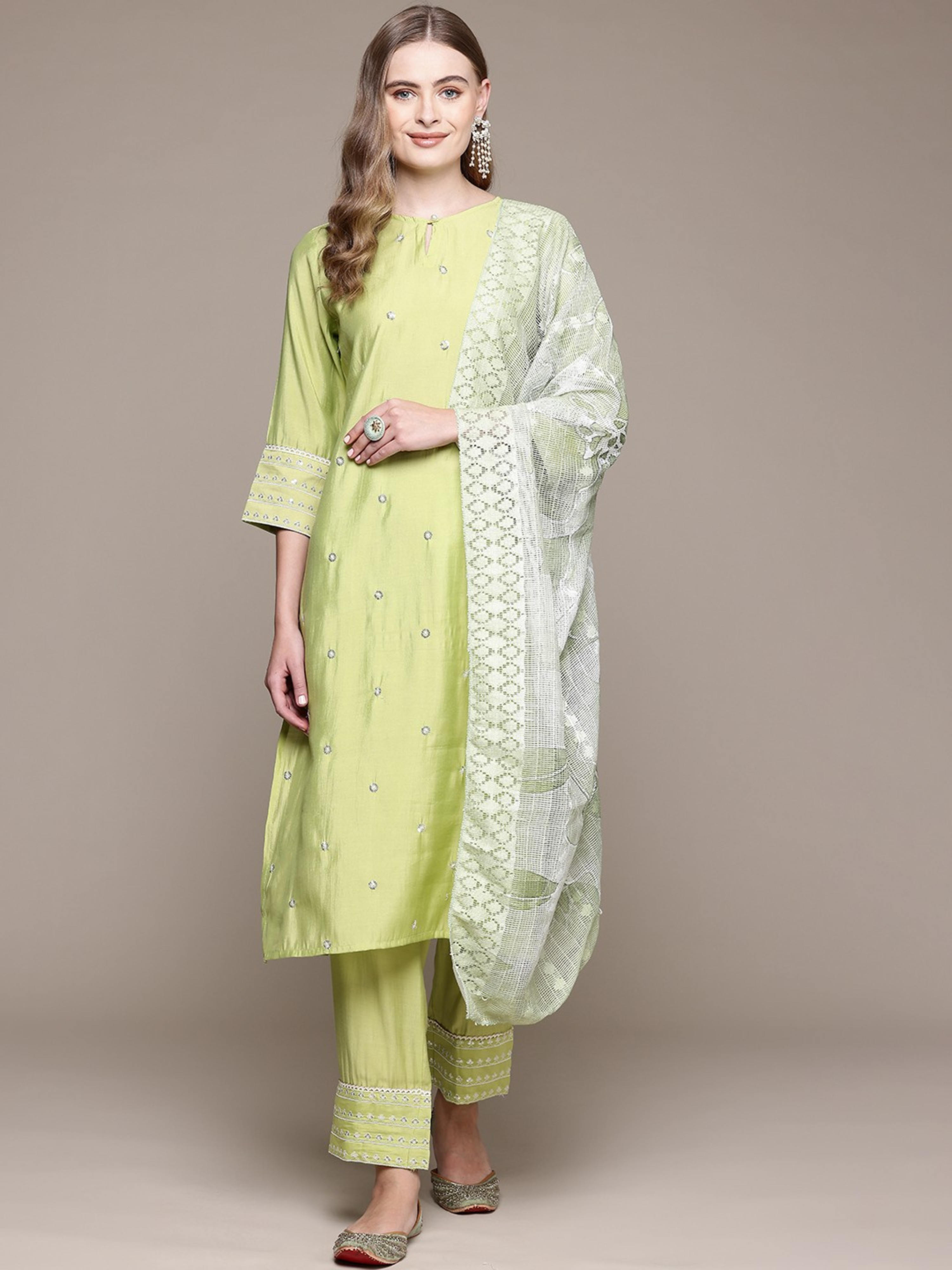 LIME GREEN STRAIGHT EMBROIDERED SUIT SET