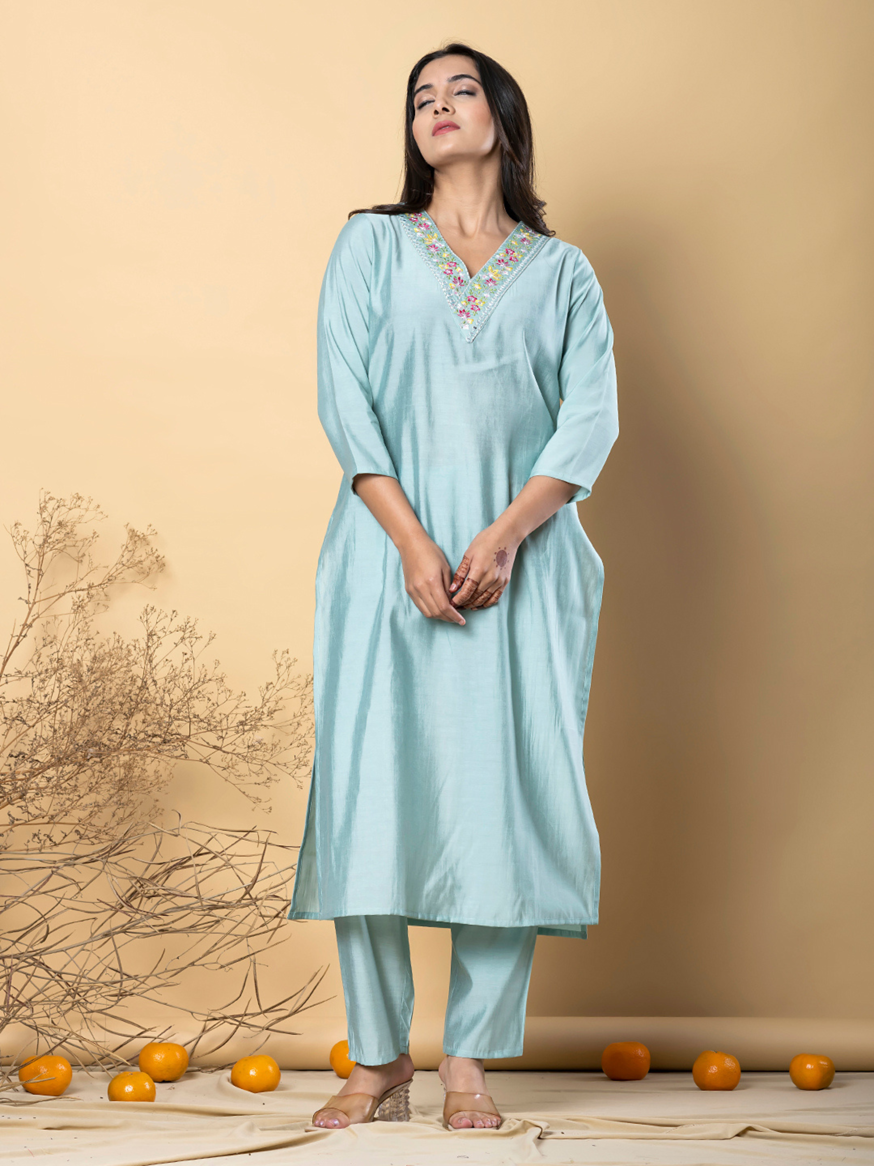 PASTEL SEA GREEN V-NECK EMBROIDERED KURTA SET