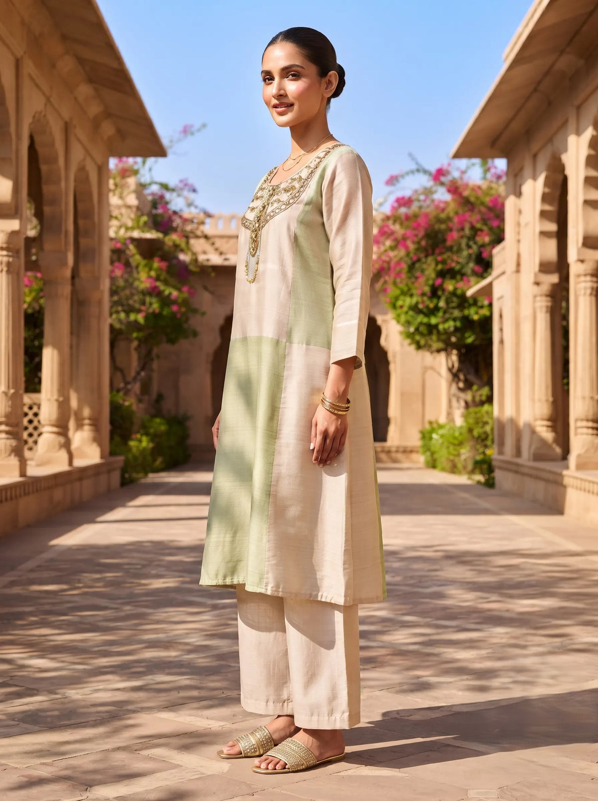 PASTEL GREEN AND BEIGE  HAND EMBROIDERED SALSA CO-ORD SET
